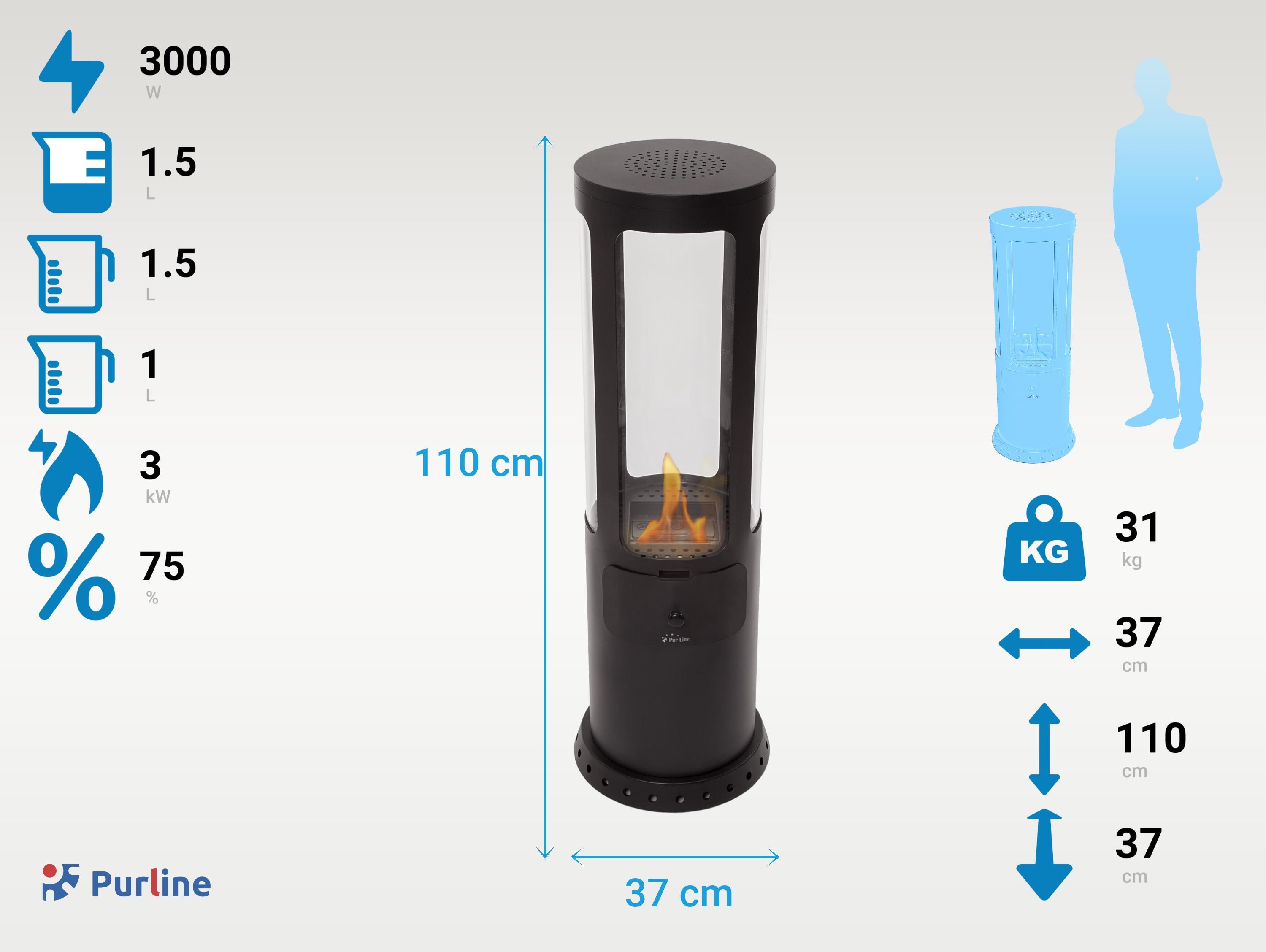 Stufa a etanolo design a torre in acciaio nero