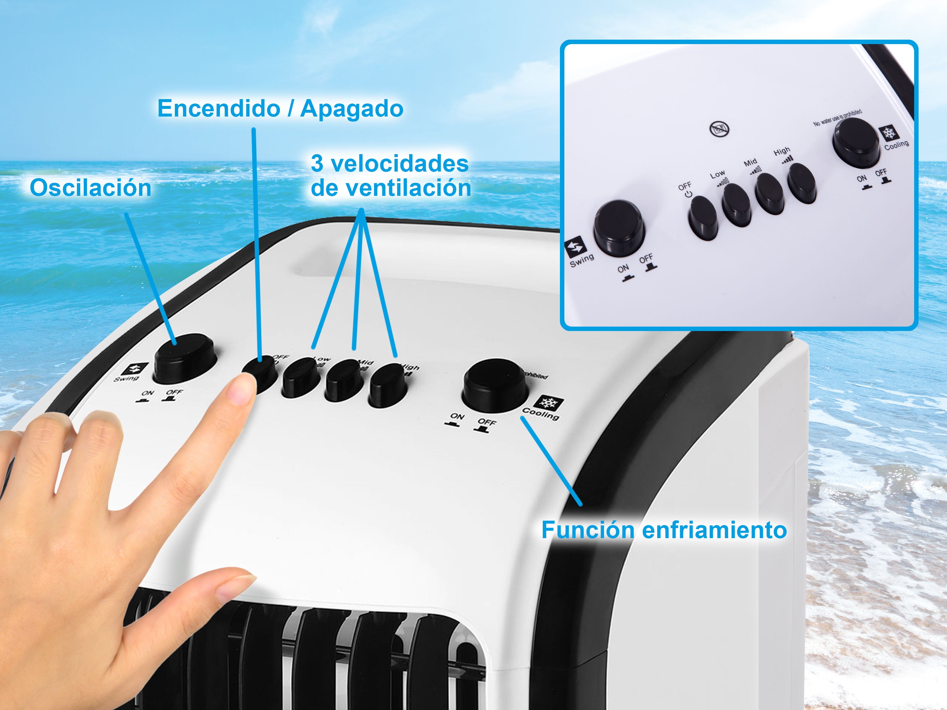 Raffreddatore evaporativo a basso consumo 60W. Umidificatore. 3 livelli di potenza. Portatile e facile da usare. Per superfici di 15m2