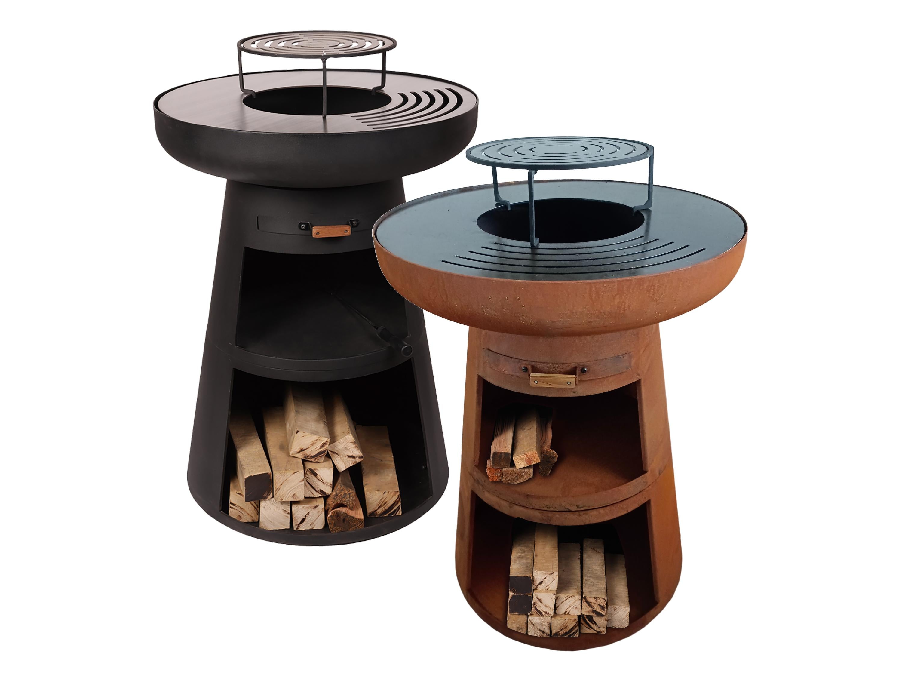 Barbecue rotondo con piastra rotonda in acciaio e griglia in acciaio corten