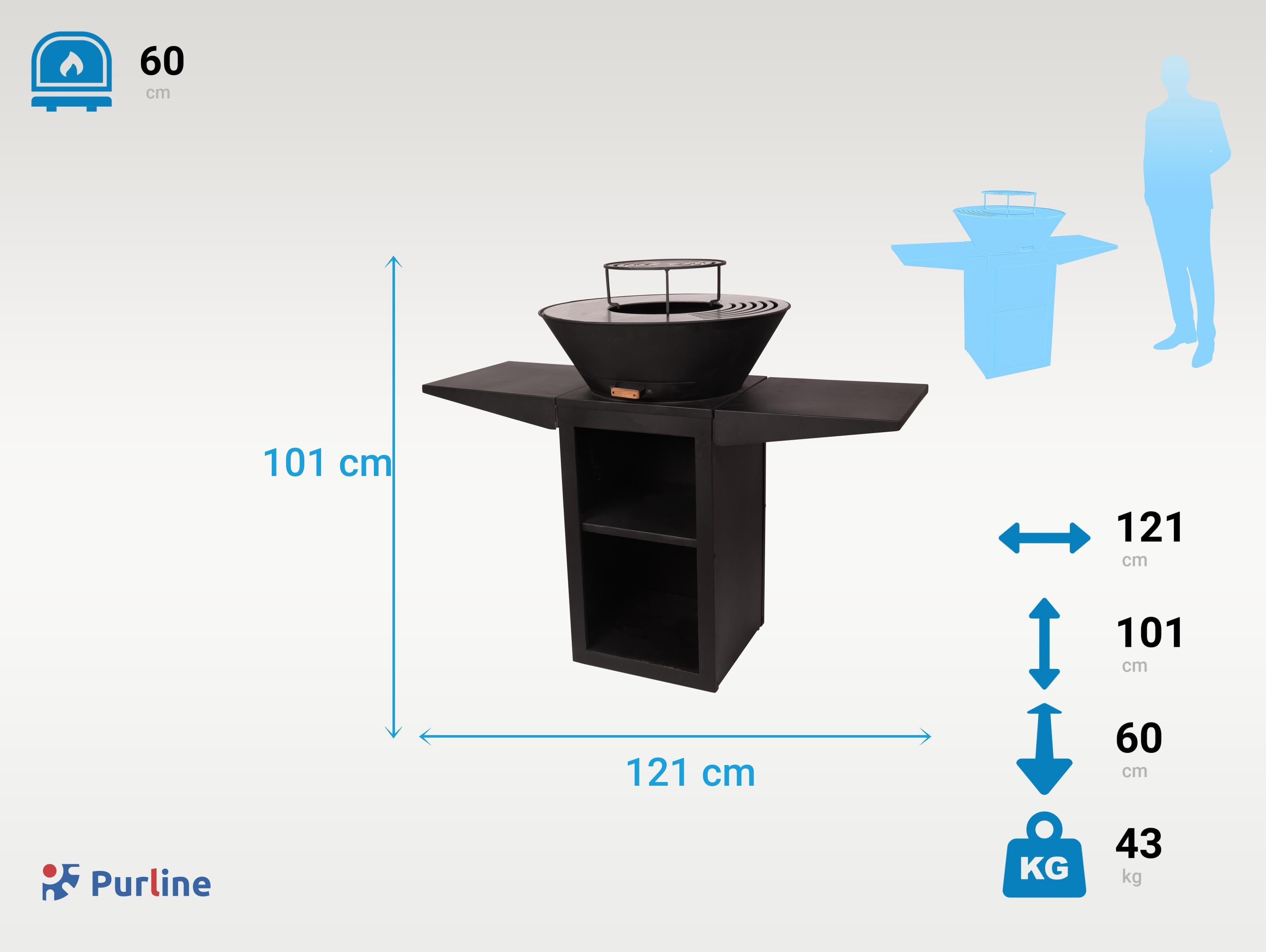 Barbecue con piastra rotonda, grill e supporto in acciaio nero