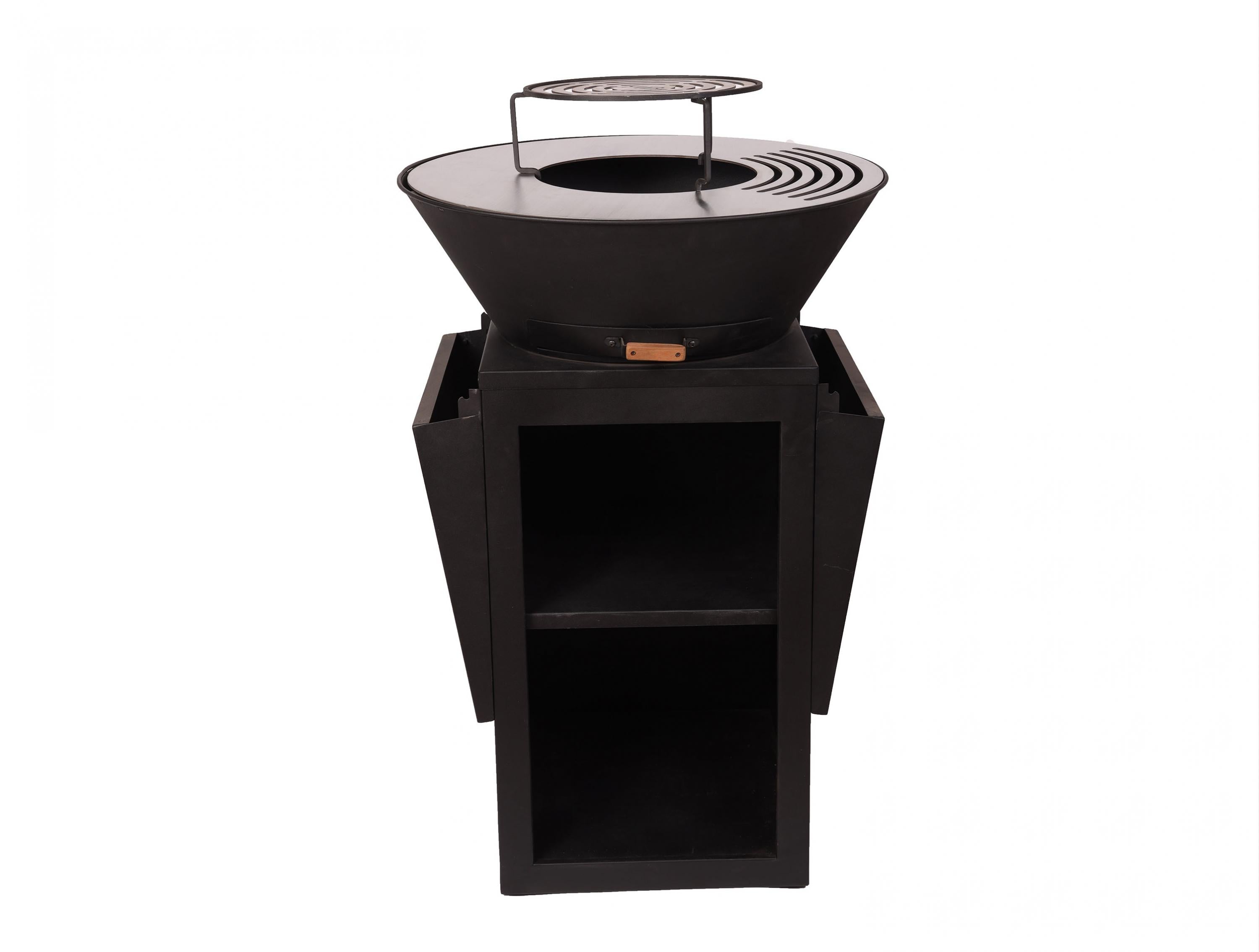 Barbecue con piastra rotonda, grill e supporto in acciaio nero