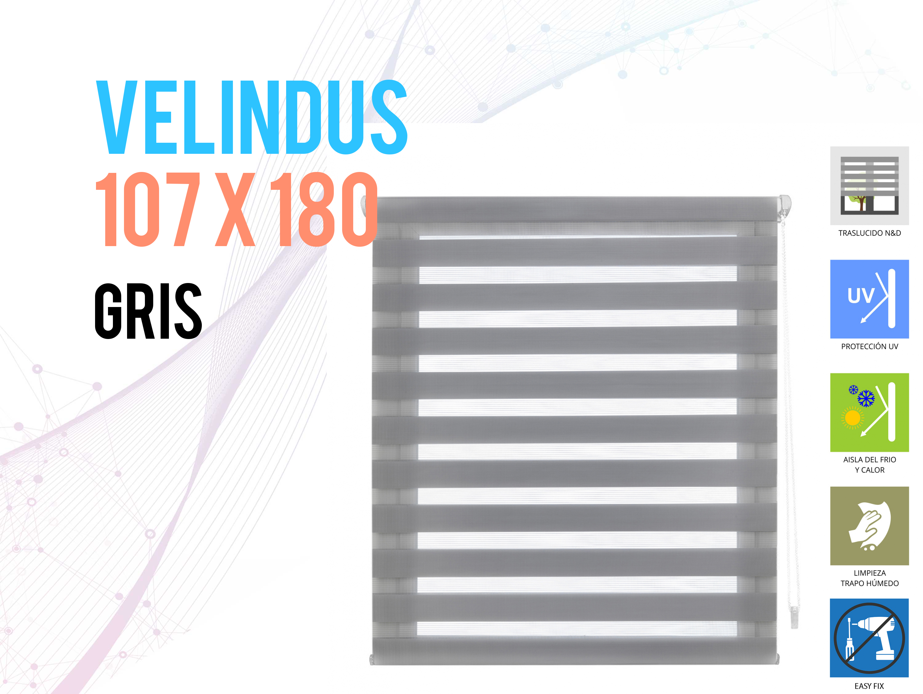 Tenda a Rullo 107X180 GRIGIO Notte e giorno EASY FIX