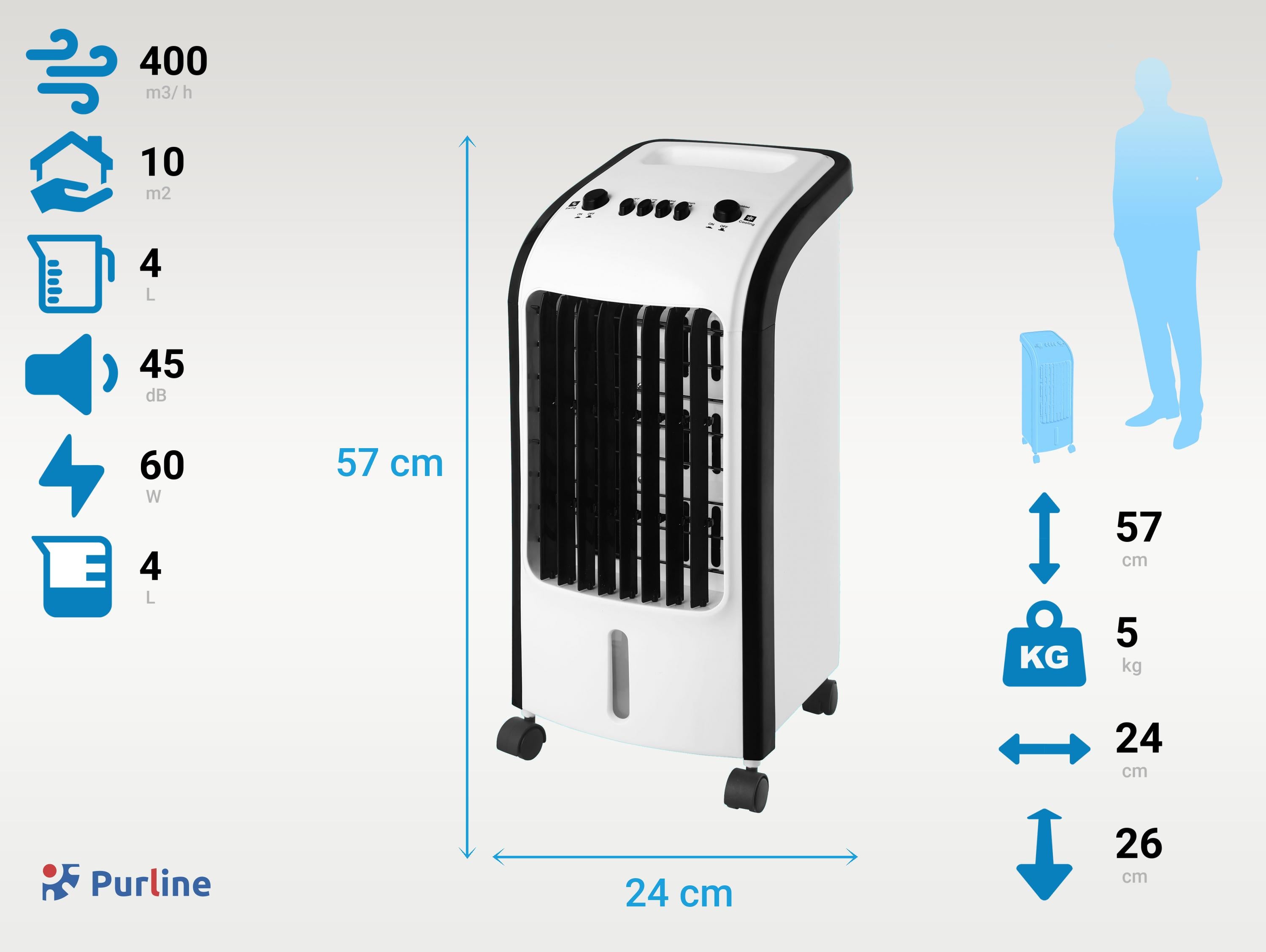Raffreddatore evaporativo a basso consumo 60W. Umidificatore. 3 livelli di potenza. Portatile e facile da usare. Per superfici di 15m2