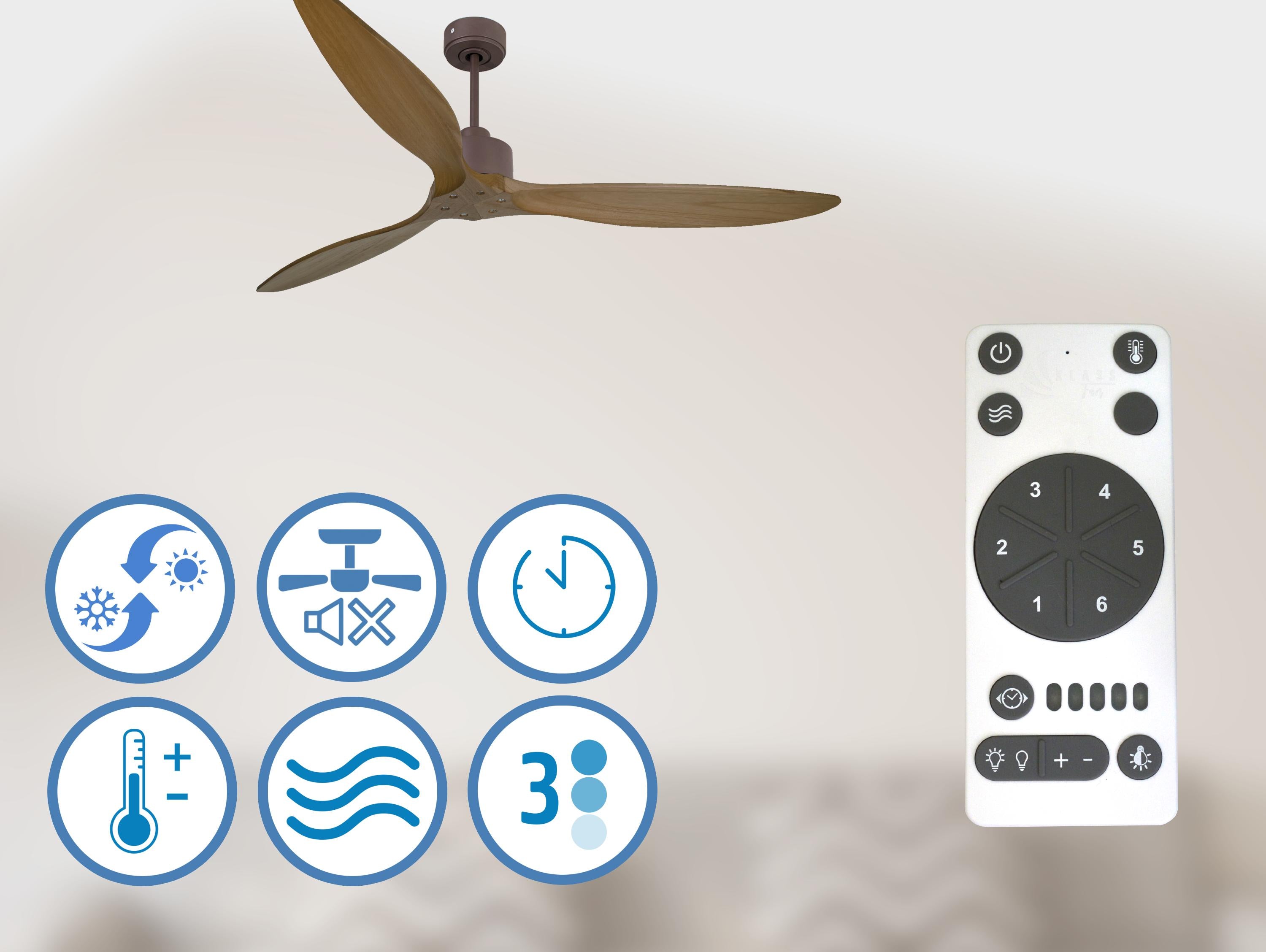Ventilatore da soffitto Reversibile Termostato Wifi Motore CC Tetti inclinati Telecomando Hypersilence Memoria FullWood