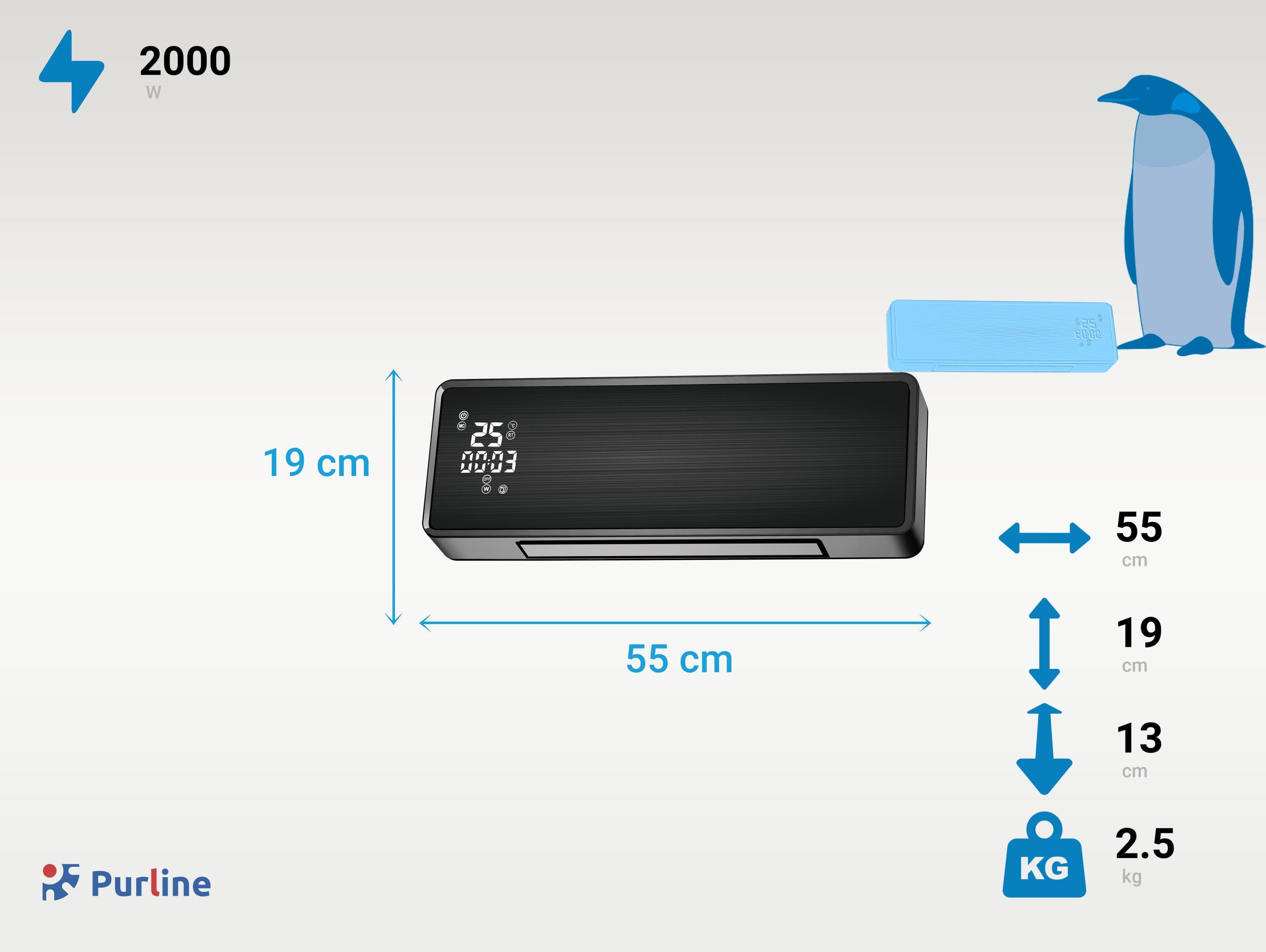 Riscaldatore split a parete 2000 W con frontale in vetro nero con controllo WIFI