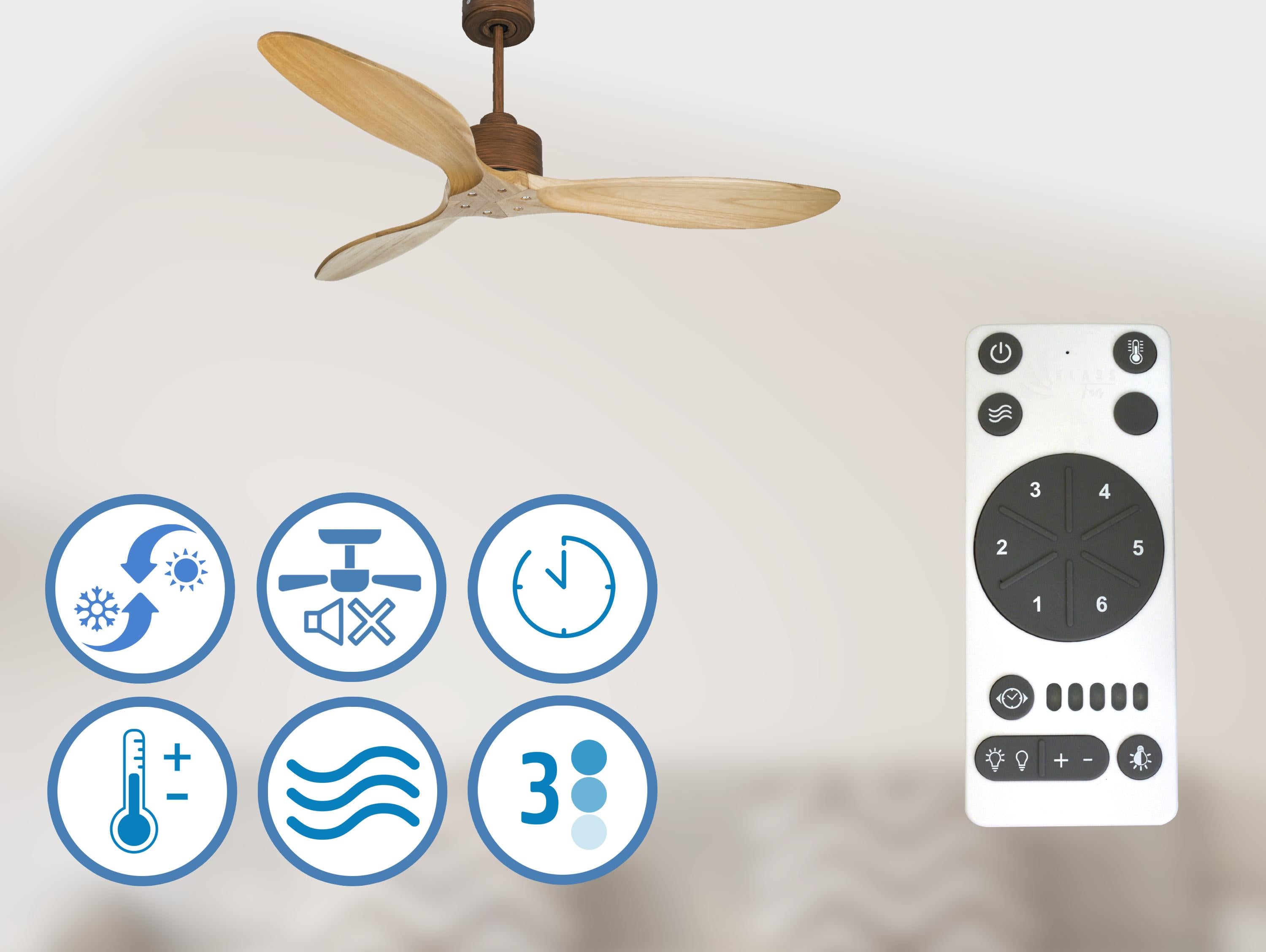 Ventilatore da soffitto Reversibile Termostato Wifi Motore CC Tetti inclinati Telecomando Hypersilence Memoria FullWood