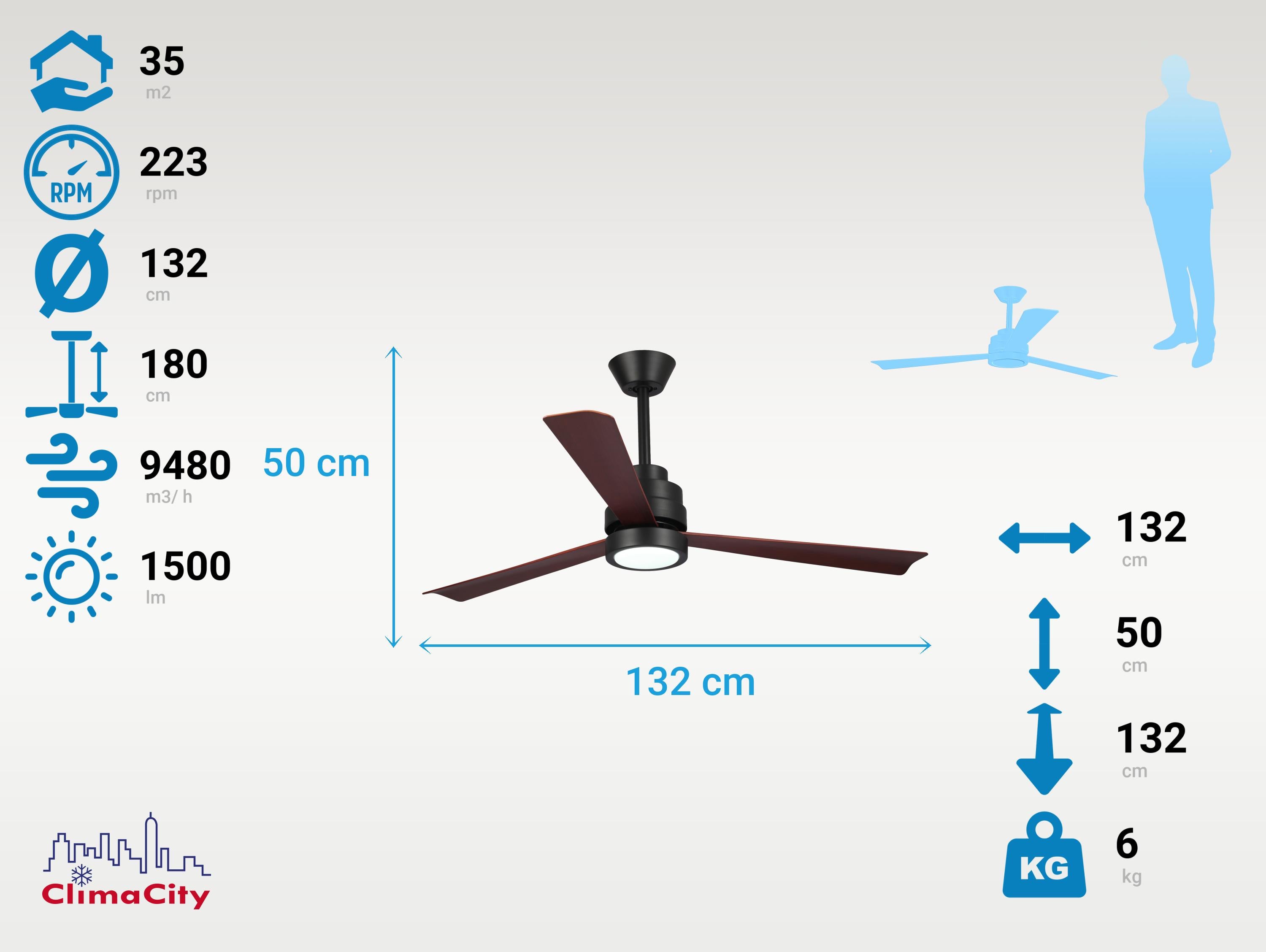 Ventilatore da soffitto ø132 cm con LED e Wifi Reversibile Hypersilence