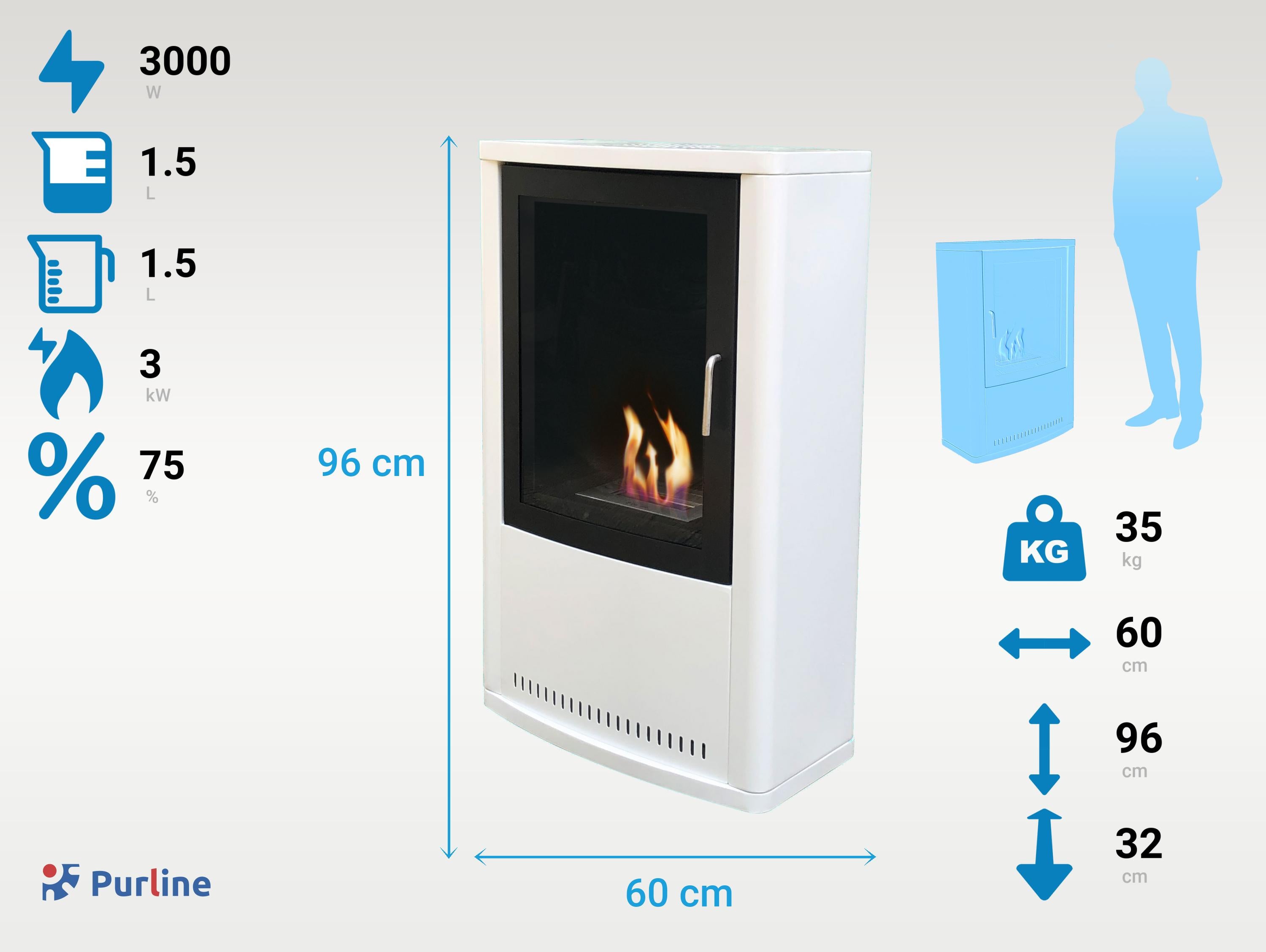 Stufa rettangolare a etanolo con design in acciaio bianco