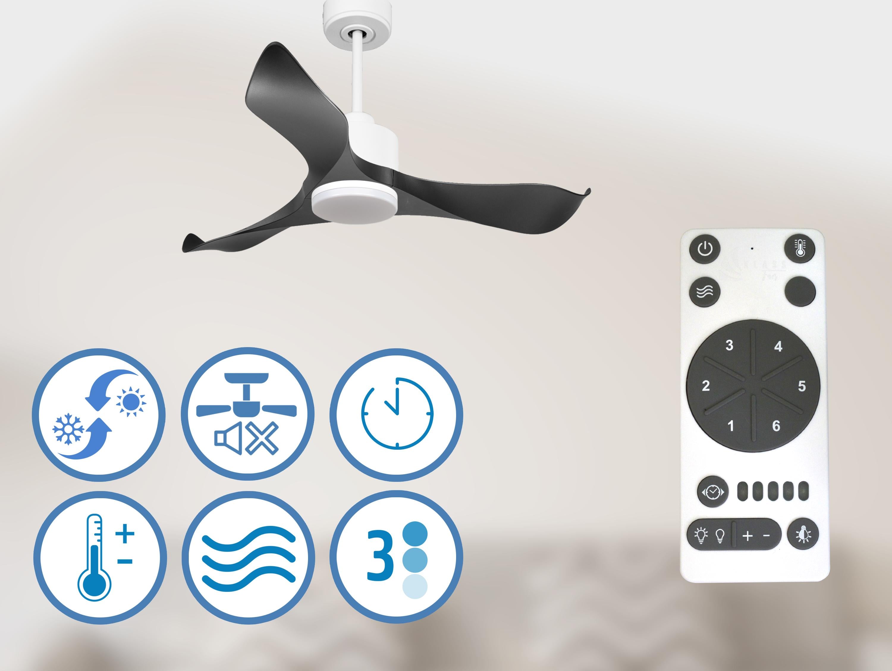 Ventilatore da soffitto Reversibile Termostato Dimmabile Wifi Motore CC Tetti inclinati Telecomando Luce a tre toni Adattatore 2/3 lame Hypersilence Memoria