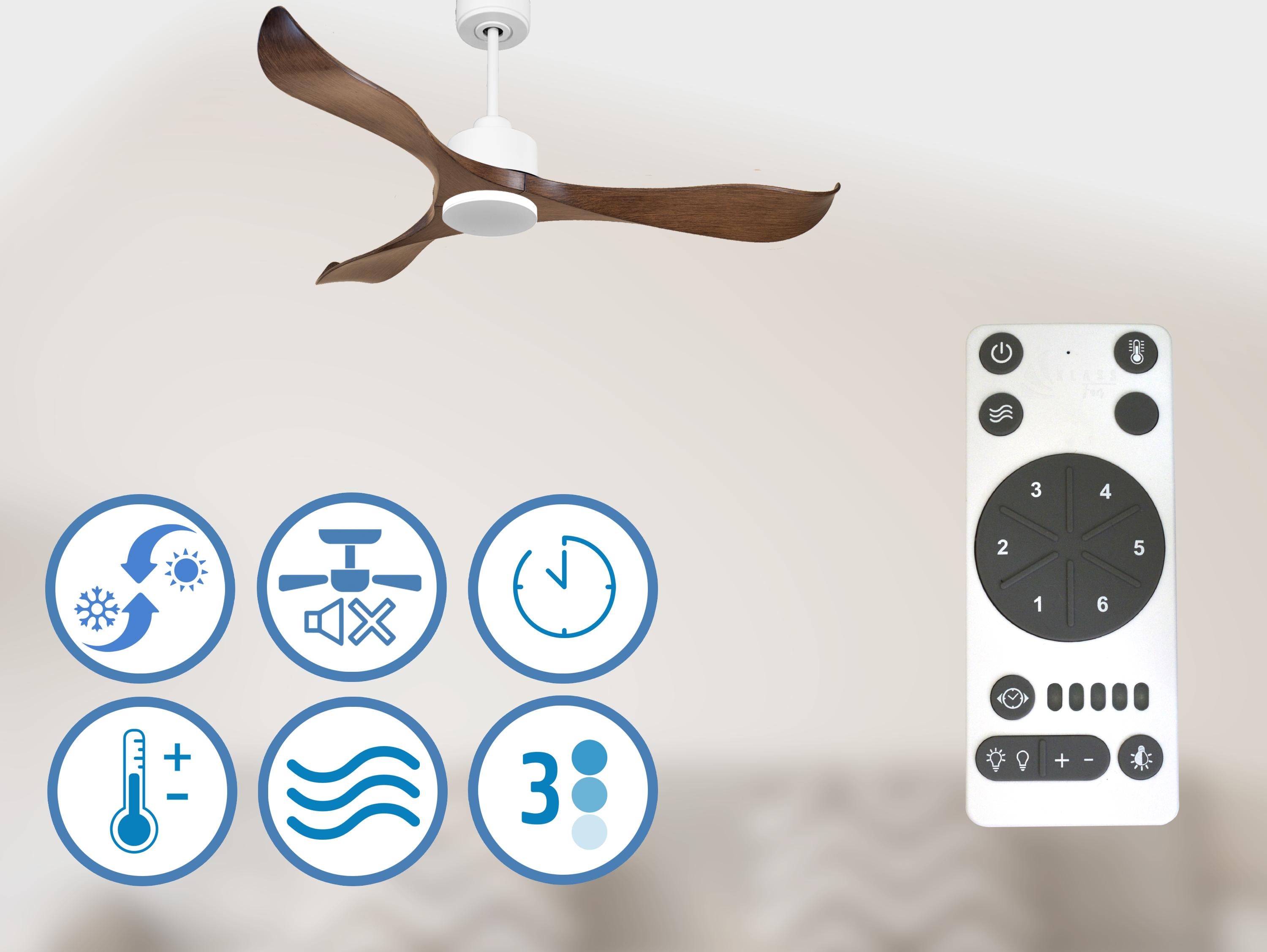 Ventilatore da soffitto Reversibile Termostato Wifi Motore CC Tetti inclinati Telecomando Adattatore 2/3 lame Hypersilence Memoria