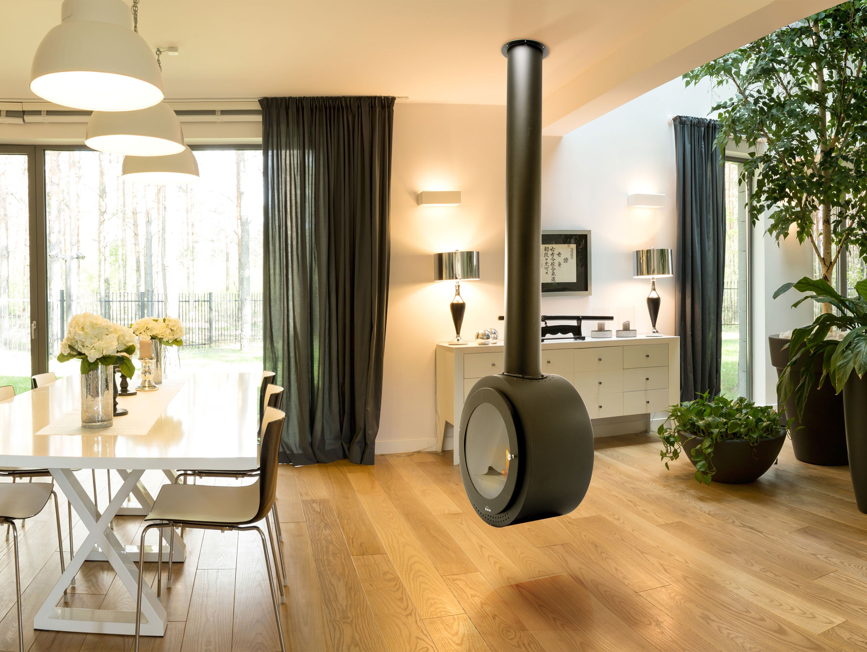 Camino a etanolo a soffitto design circolare