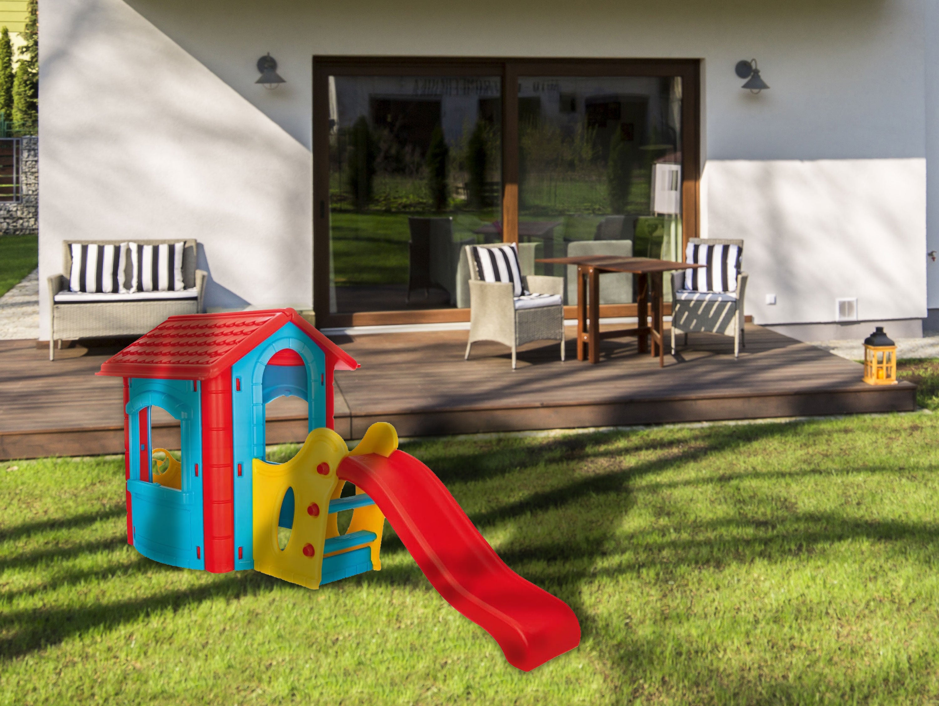 Casetta di plastica con scivolo HAPPY HOUSE WITH SLIDE