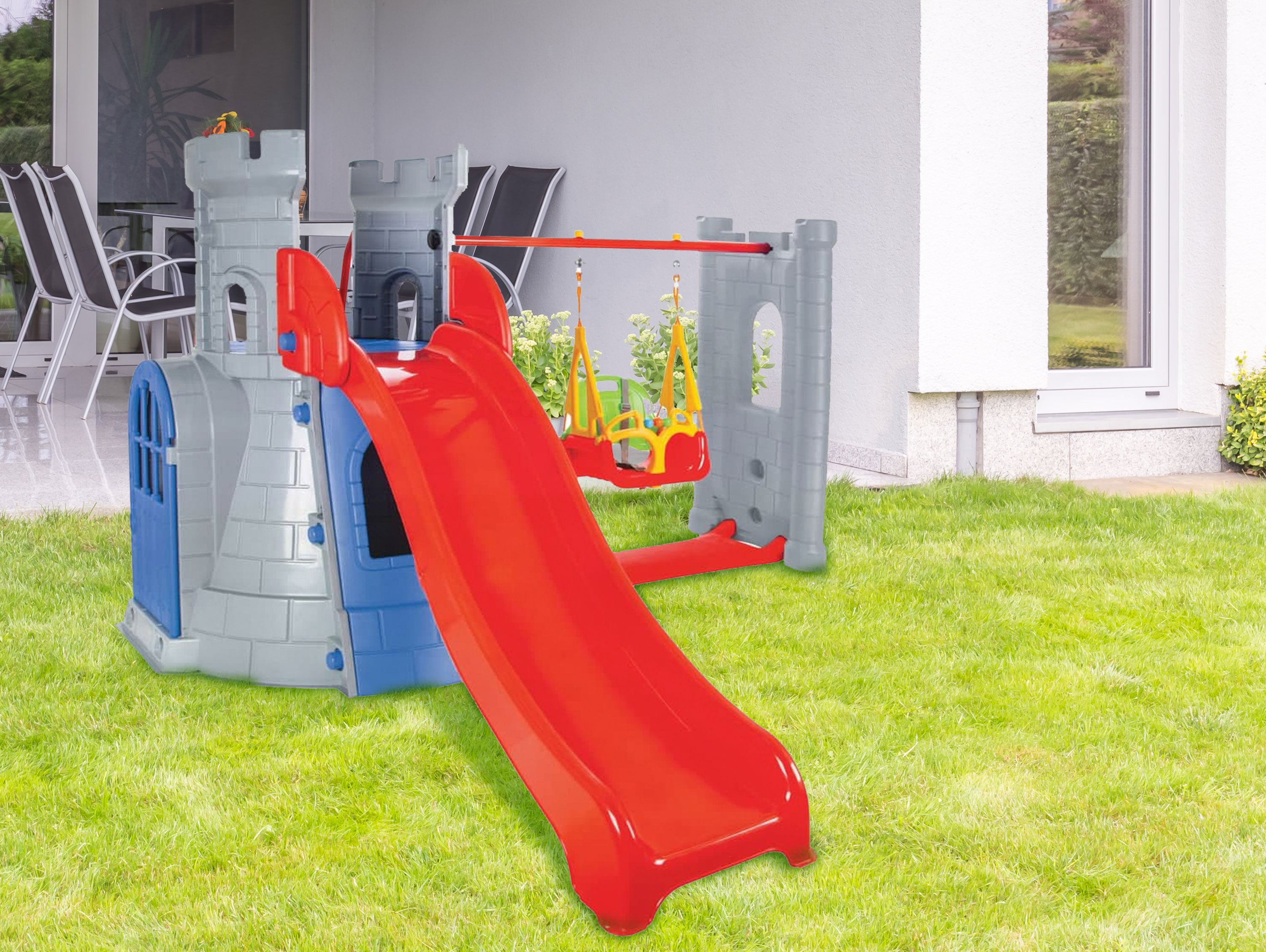 Castello per bambini con scivolo e altalena CASTLE SLIDE AND SWING SET