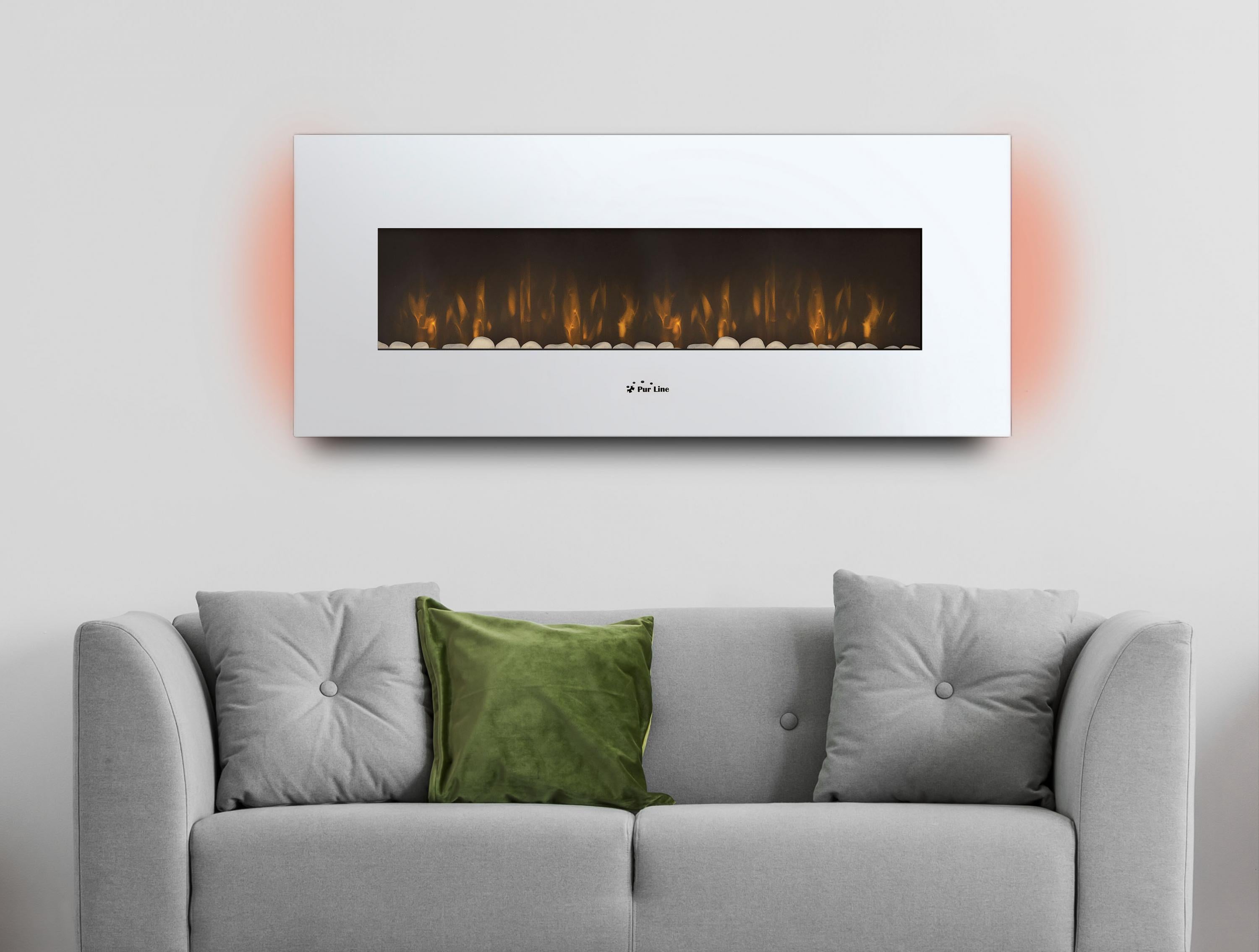 Camino elettrico panoramico con luce LED ambientale e pannello frontale bianco