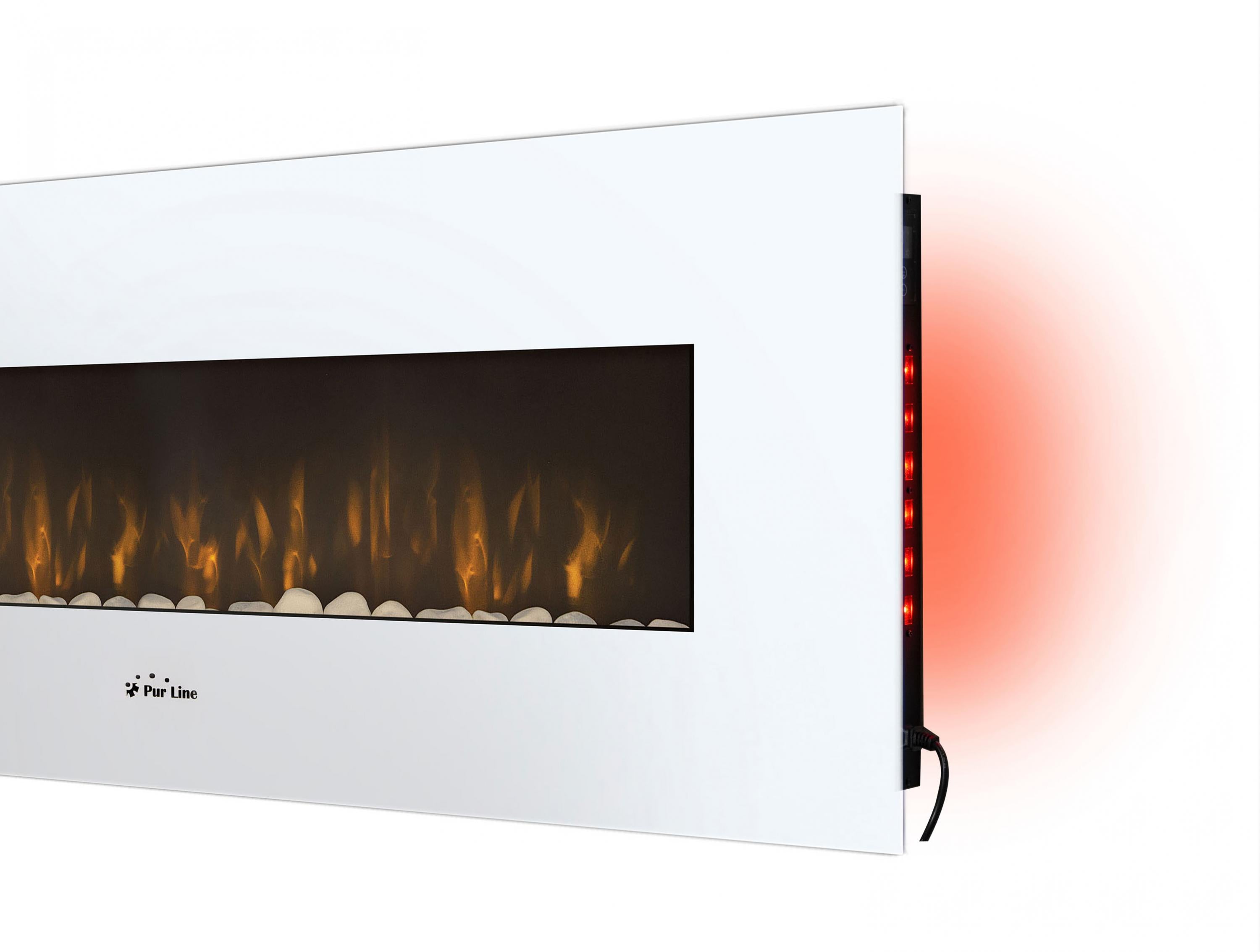 Camino elettrico panoramico con luce LED ambientale e pannello frontale bianco