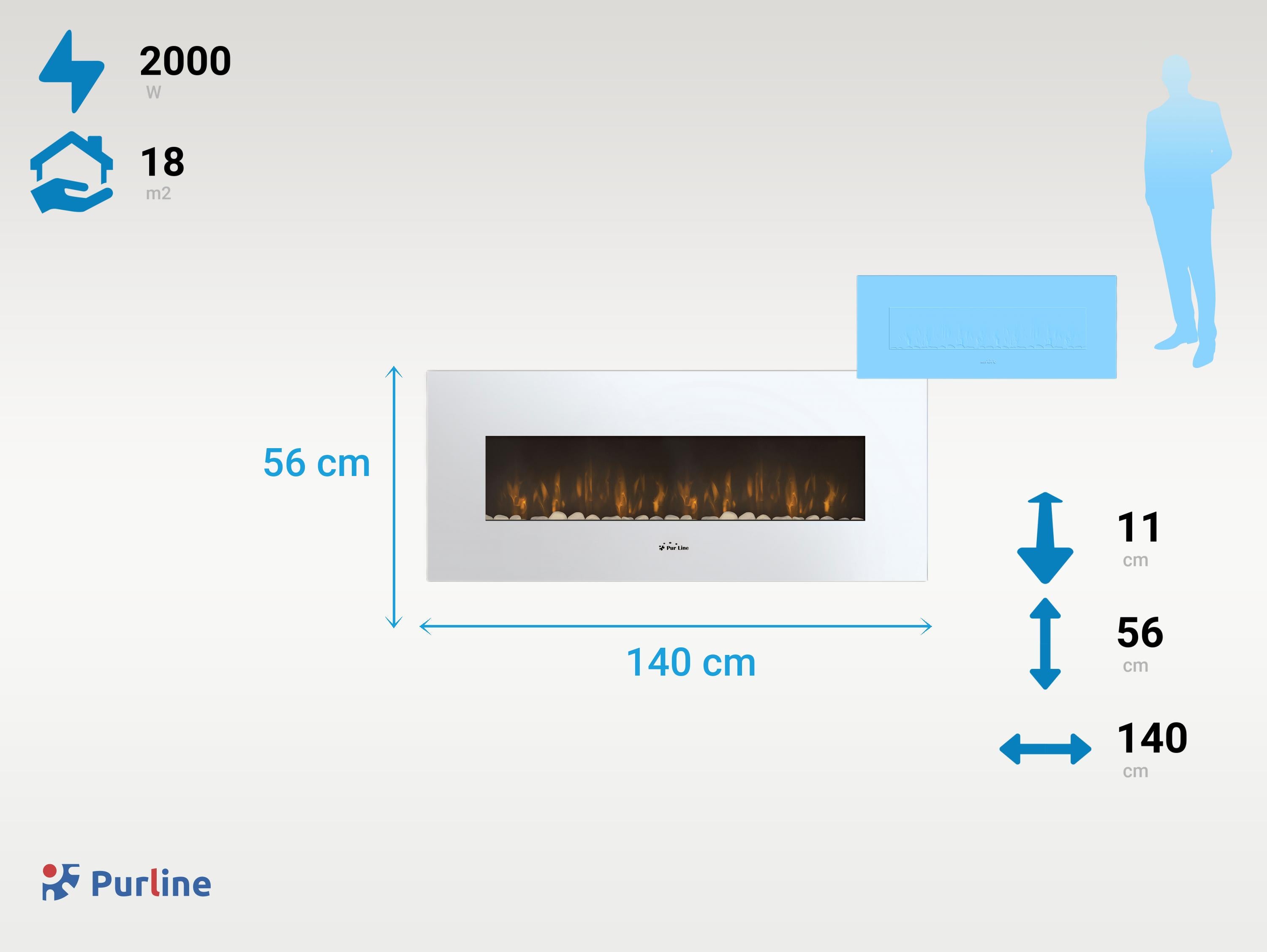 Camino elettrico panoramico con luce LED ambientale e pannello frontale bianco