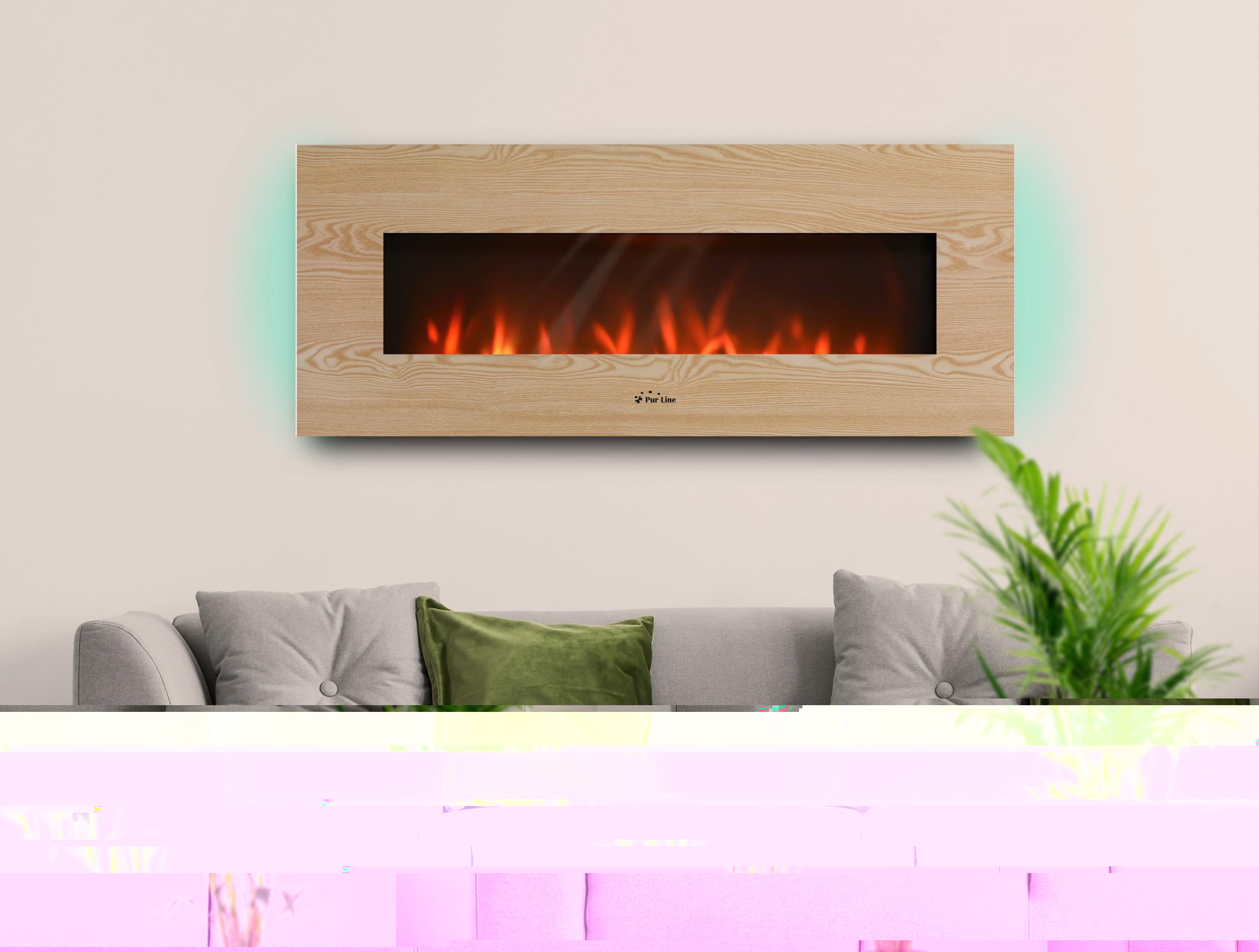 Camino elettrico panoramico con luce LED ambientale e pannello frontale in MDF