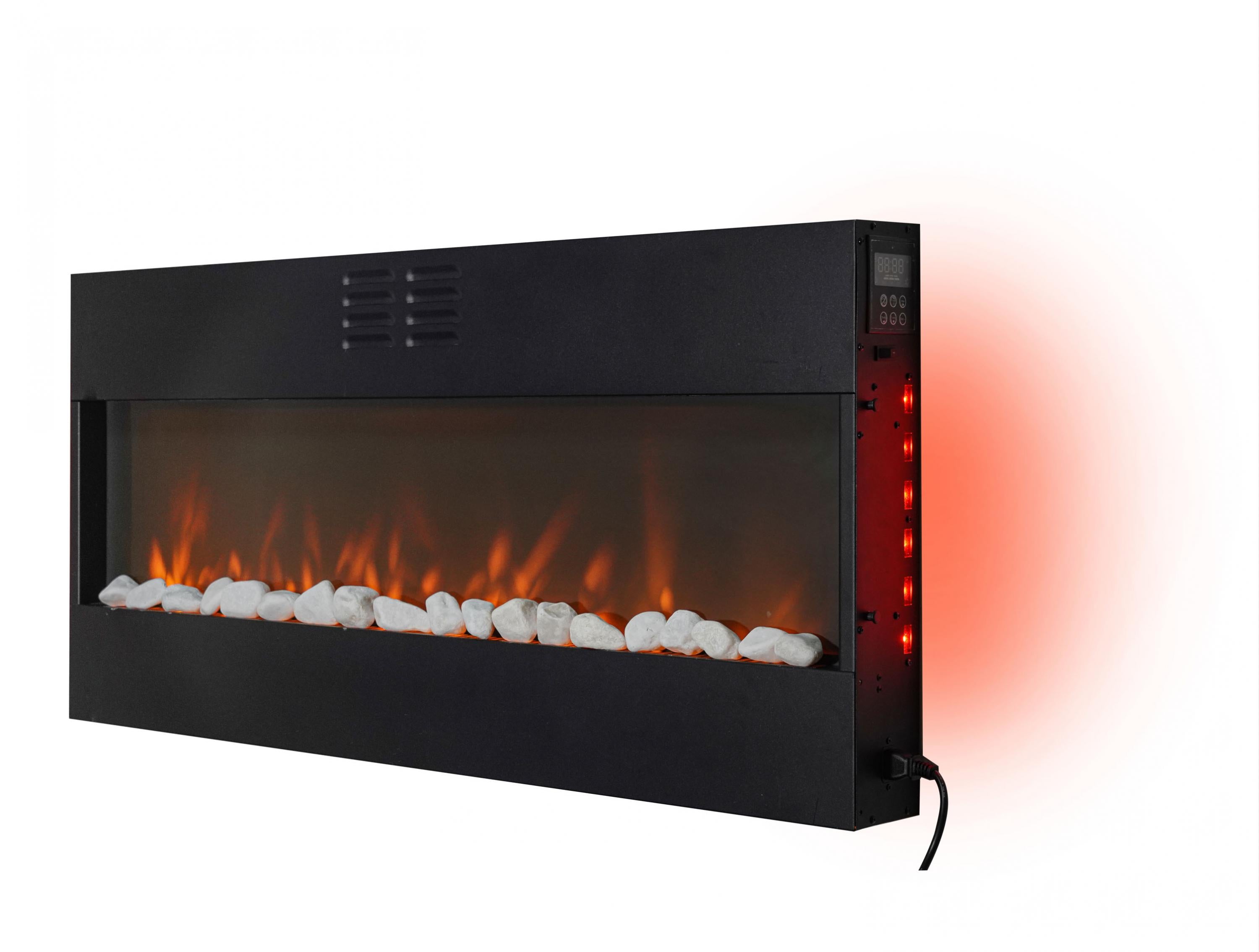 Camino elettrico panoramico con luce LED ambientale e pannello frontale in MDF