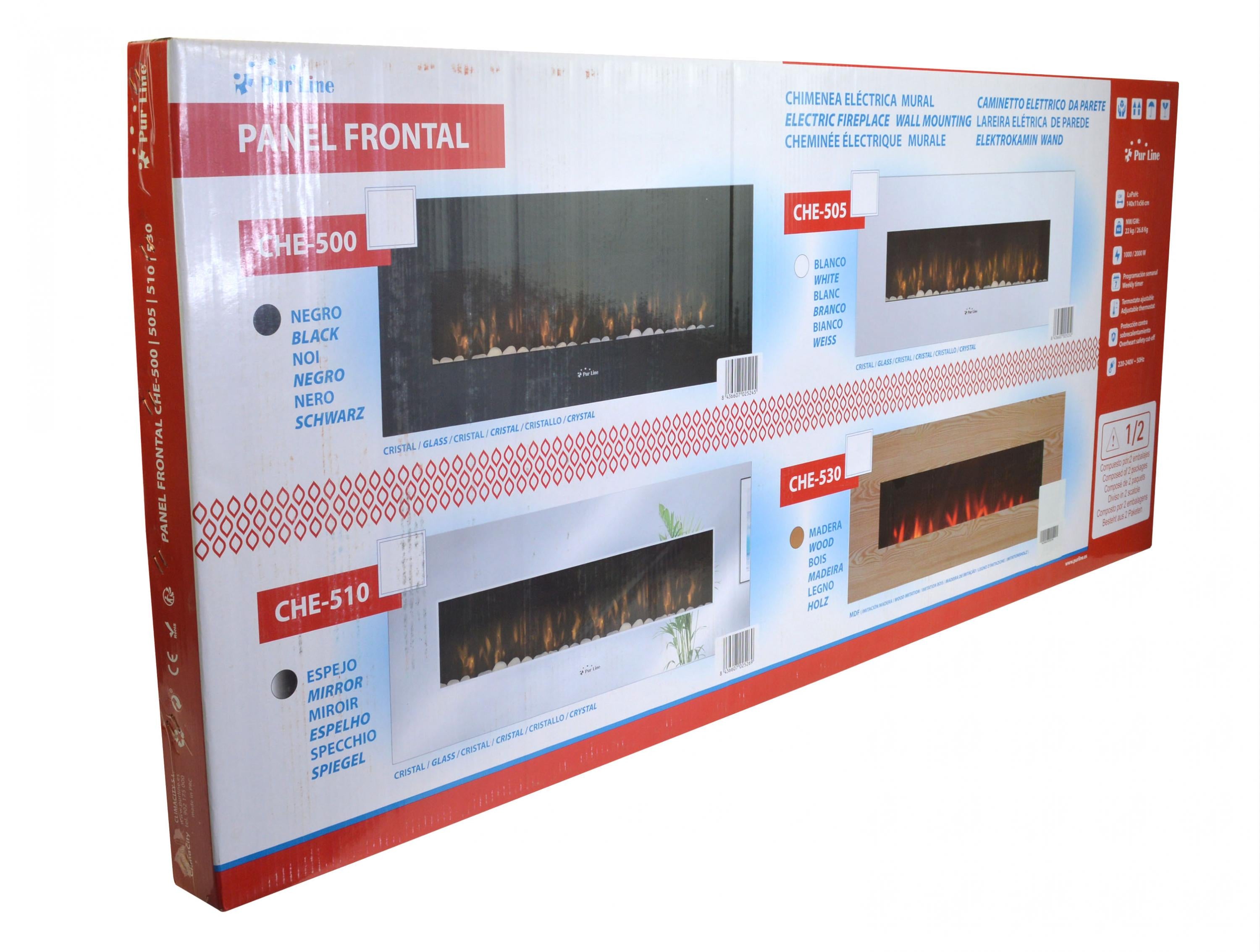 Camino elettrico panoramico con luce LED ambientale e pannello frontale in MDF