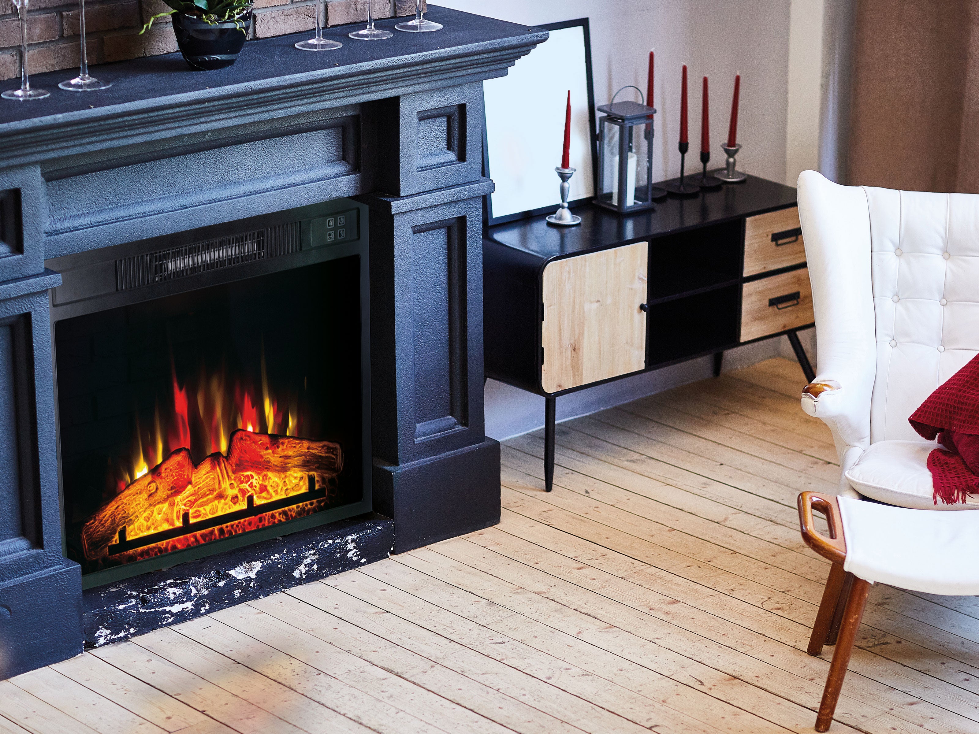 Caminetto elettrico 2000W in vetro temperato nero con telecomando e fiamma regolabile