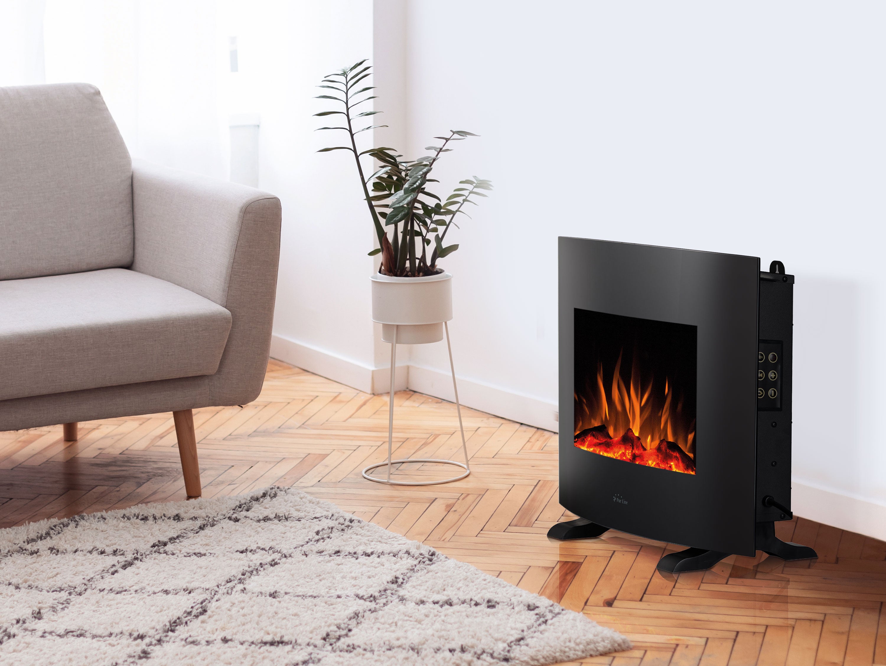 Caminetto elettrico da parete o da pavimento 2000W con panello frontale curvo