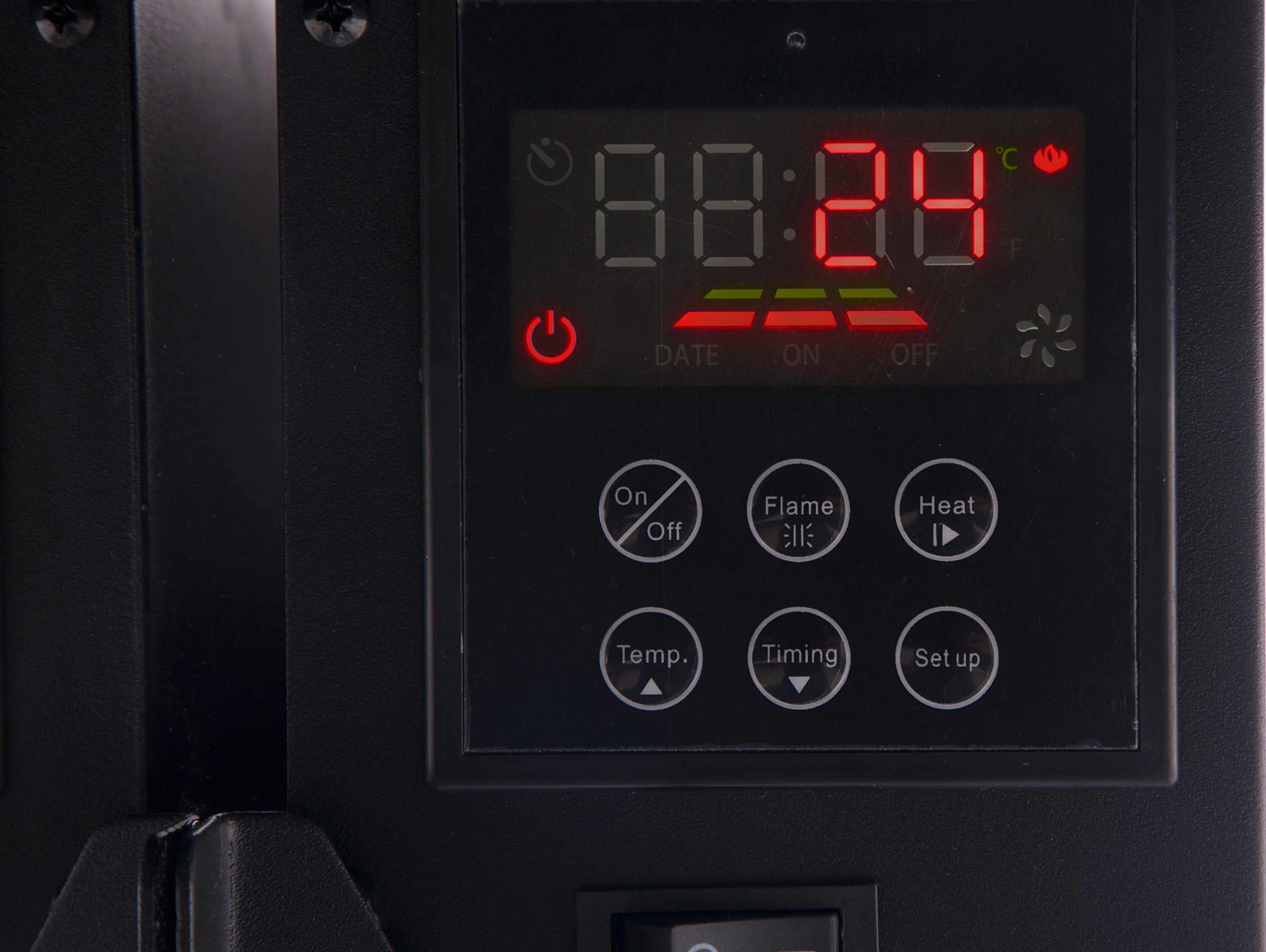 Caminetto elettrico panoramico a parete da 2 kW in vetro temperato nero con telecomando