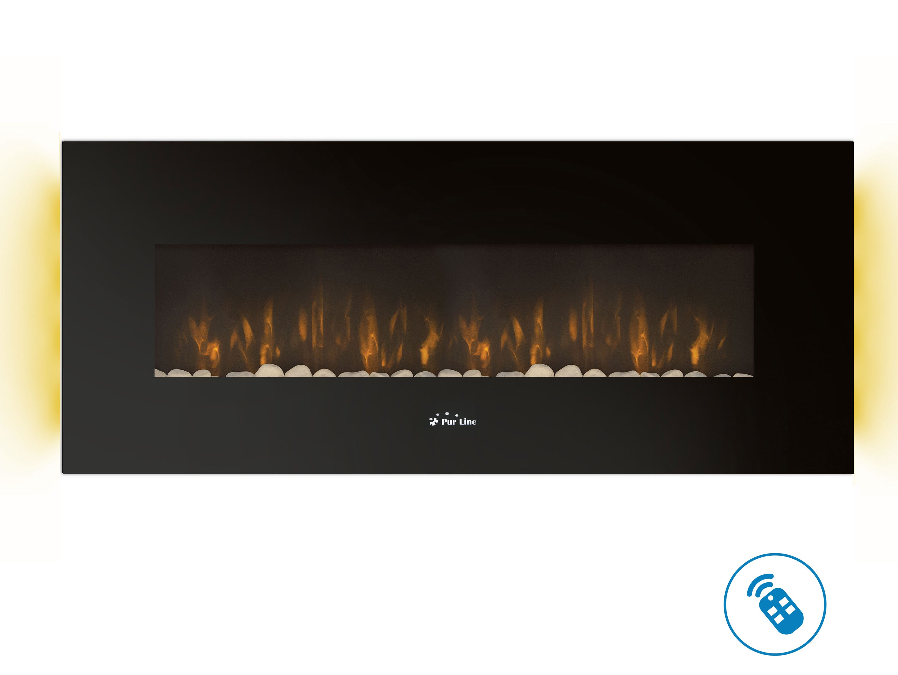 Caminetto elettrico panoramico a parete da 2 kW in vetro temperato nero con telecomando