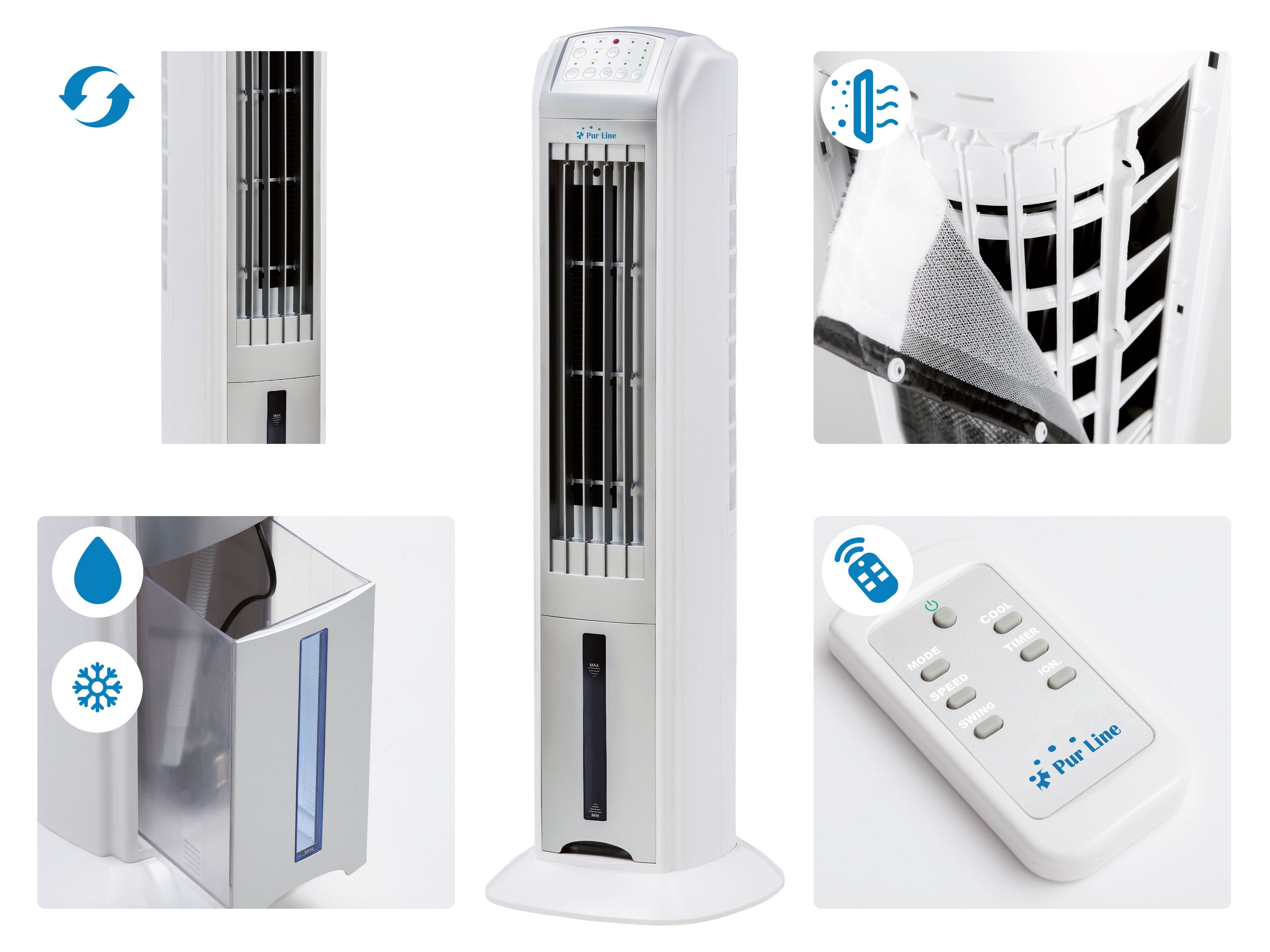 Raffrescatore evaporativo a torre/ ionizzatore, Rafy 79, facile da usare, 70 W, 3 velocitá, Purline.