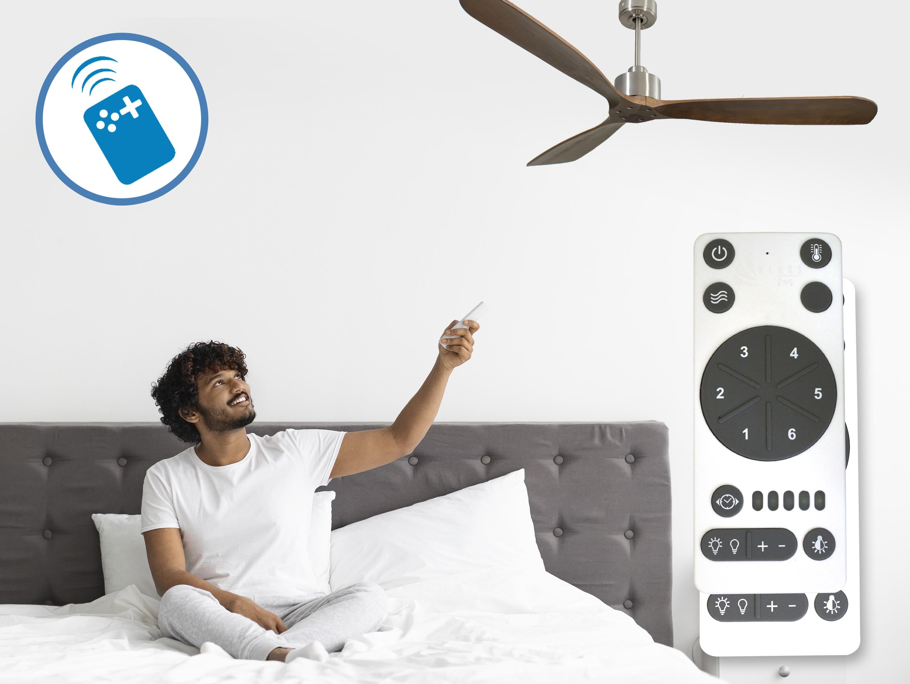 Ventilatore da soffitto Reversibile Termostato Wifi Motore CC Tetti inclinati Telecomando Hypersilence Memoria FullWood