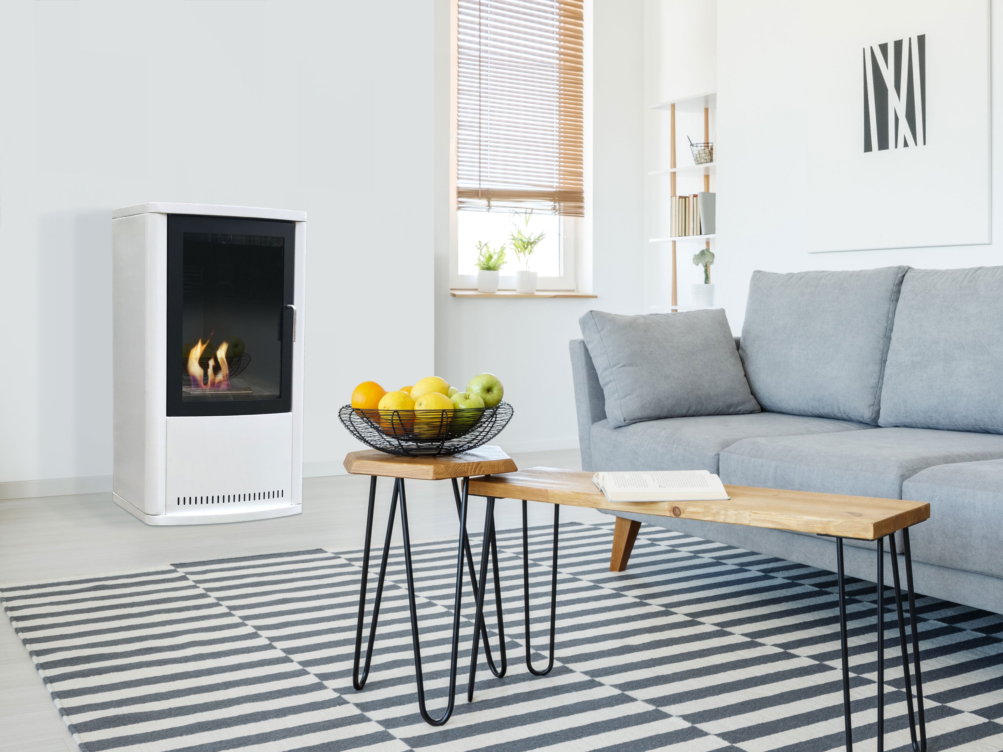 Stufa rettangolare a etanolo con design in acciaio bianco