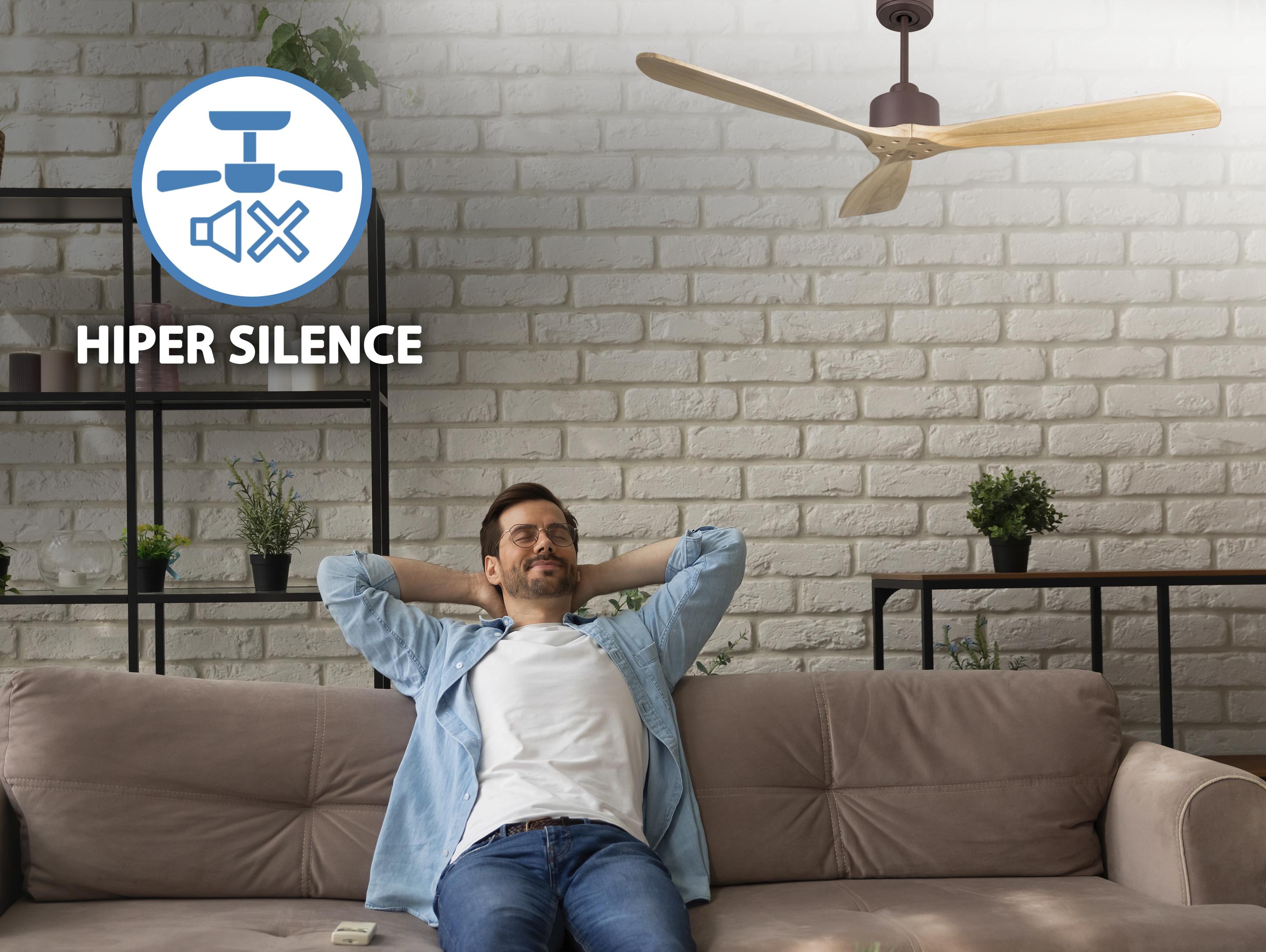 Ventilatore da soffitto Reversibile Termostato Wifi Motore CC Tetti inclinati Telecomando Hypersilence Memoria FullWood