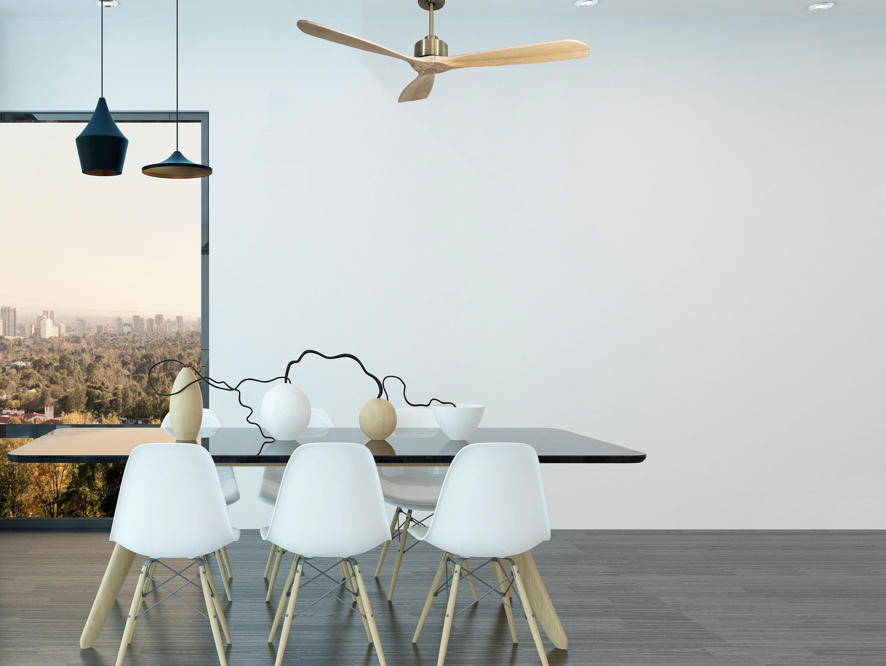Ventilatore da soffitto Reversibile Termostato Wifi Motore CC Tetti inclinati Telecomando Hypersilence Memoria FullWood