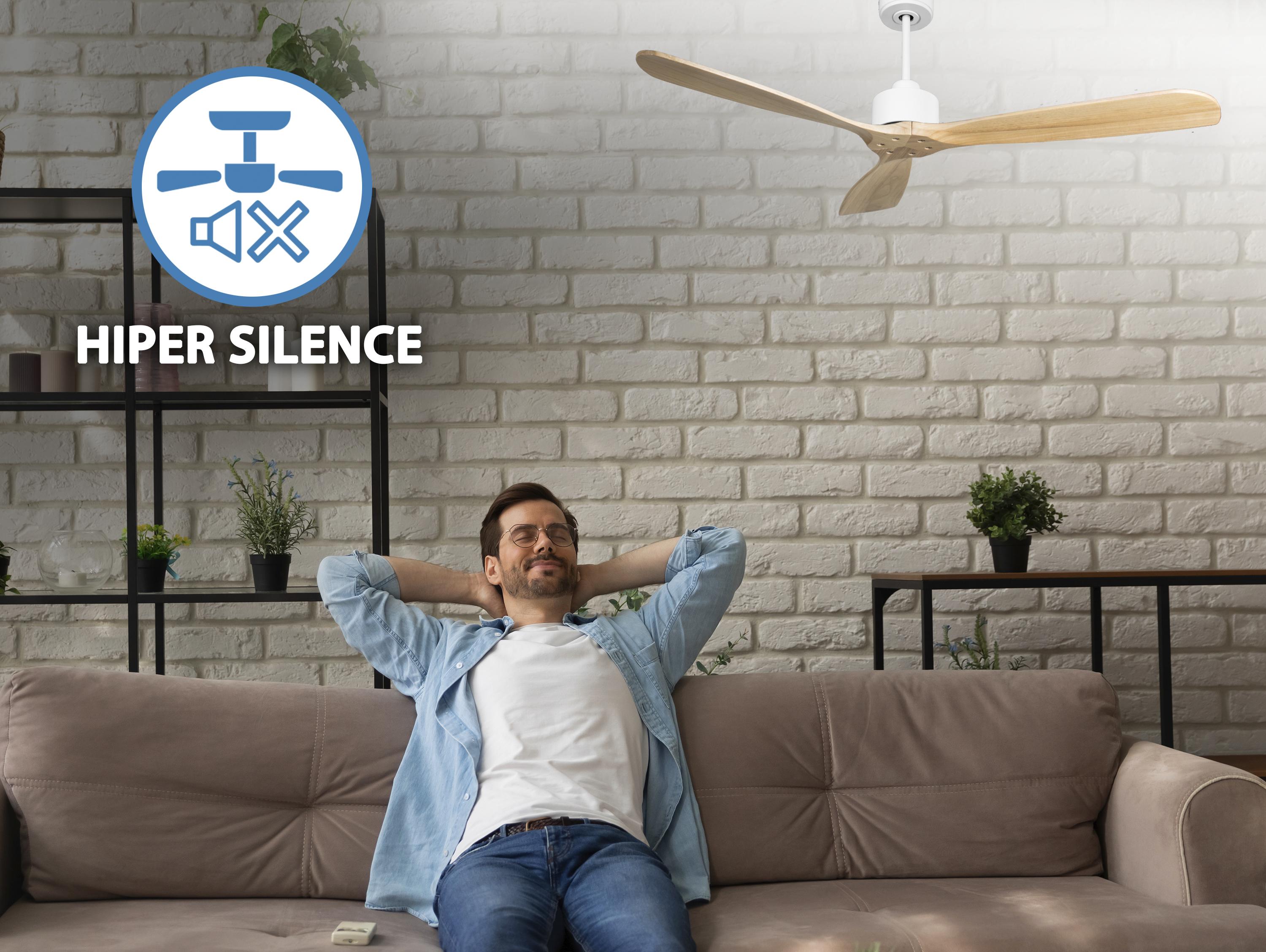 Ventilatore da soffitto Reversibile Termostato Wifi Motore CC Tetti inclinati Telecomando Hypersilence Memoria FullWood