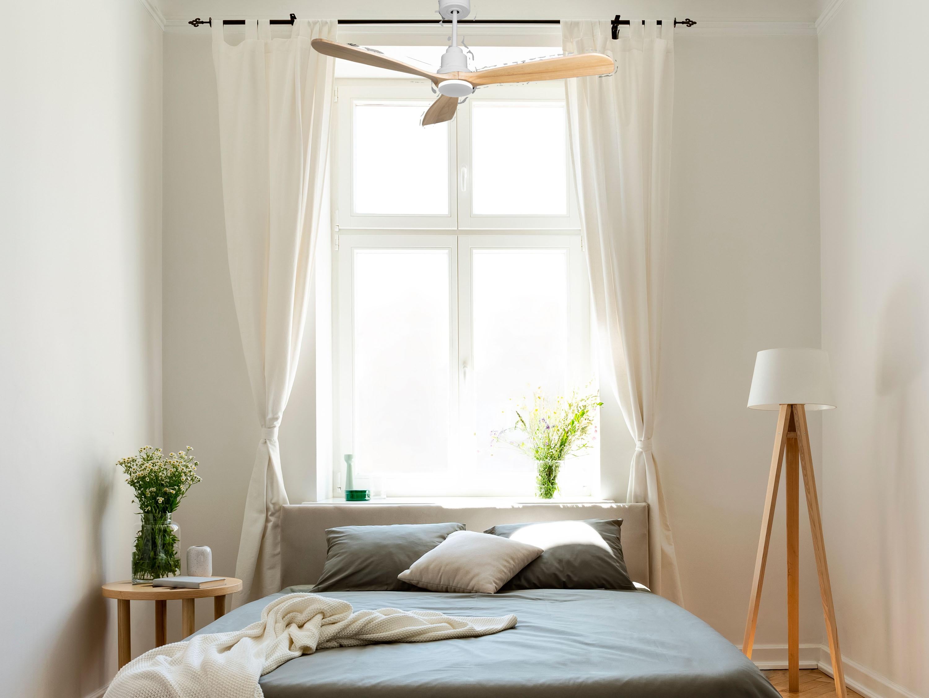 Ventilatore da soffitto Reversibile Termostato Wifi Motore CC Tetti inclinati Telecomando Hypersilence Memoria FullWood