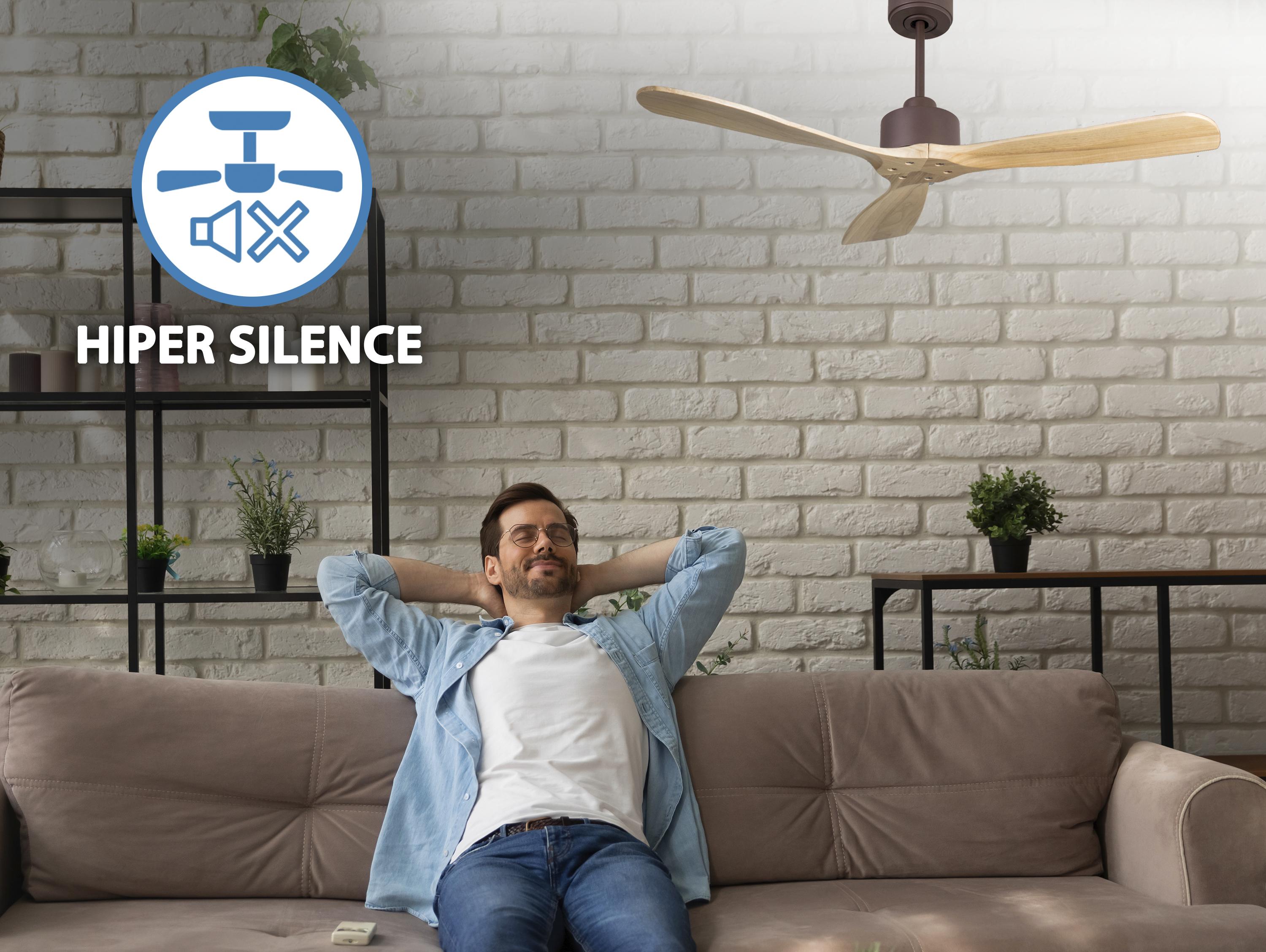 Ventilatore da soffitto Reversibile Termostato Wifi Motore CC Tetti inclinati Telecomando Hypersilence Memoria FullWood