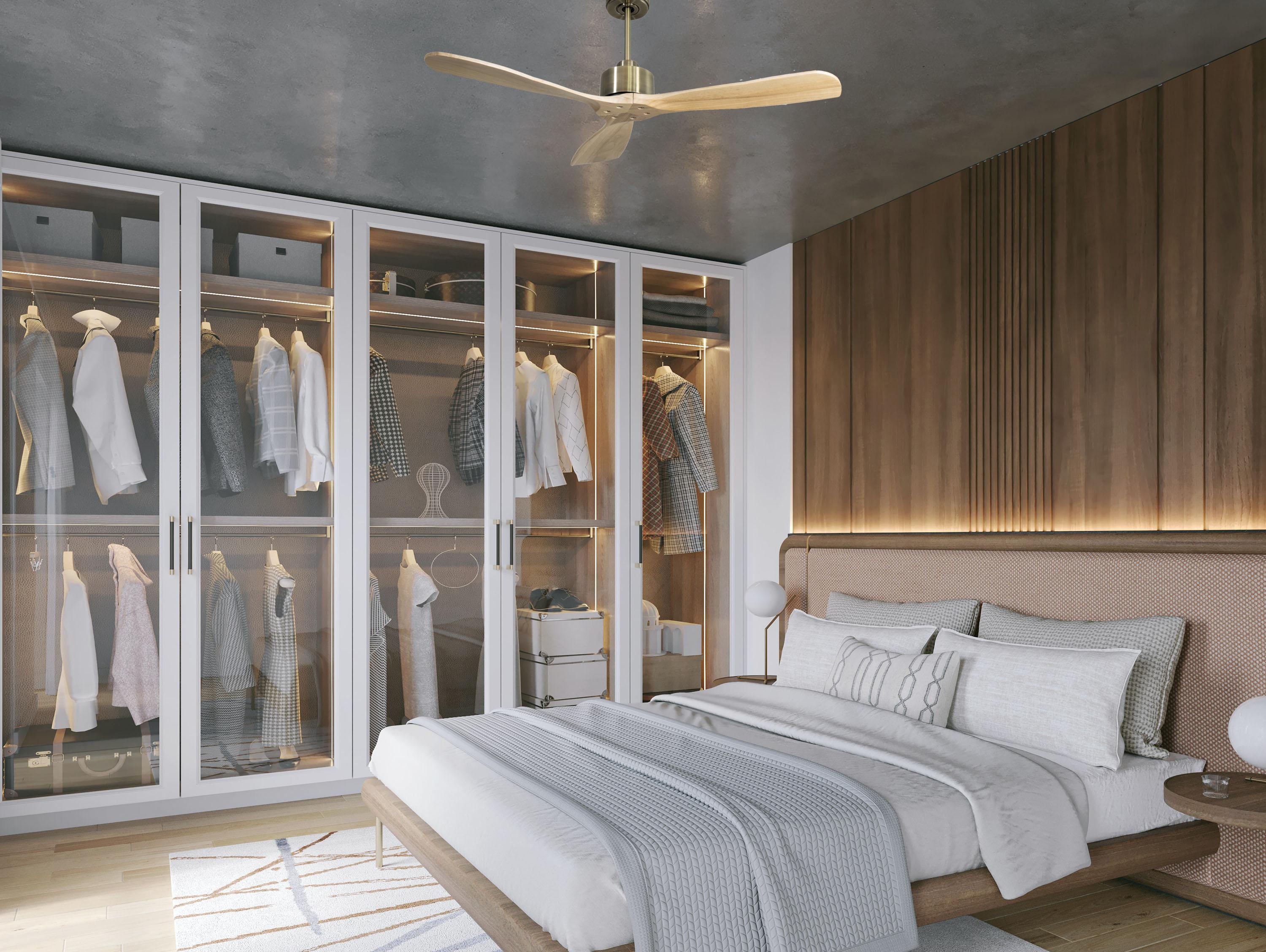 Ventilatore da soffitto Reversibile Termostato Wifi Motore CC Tetti inclinati Telecomando Hypersilence Memoria FullWood
