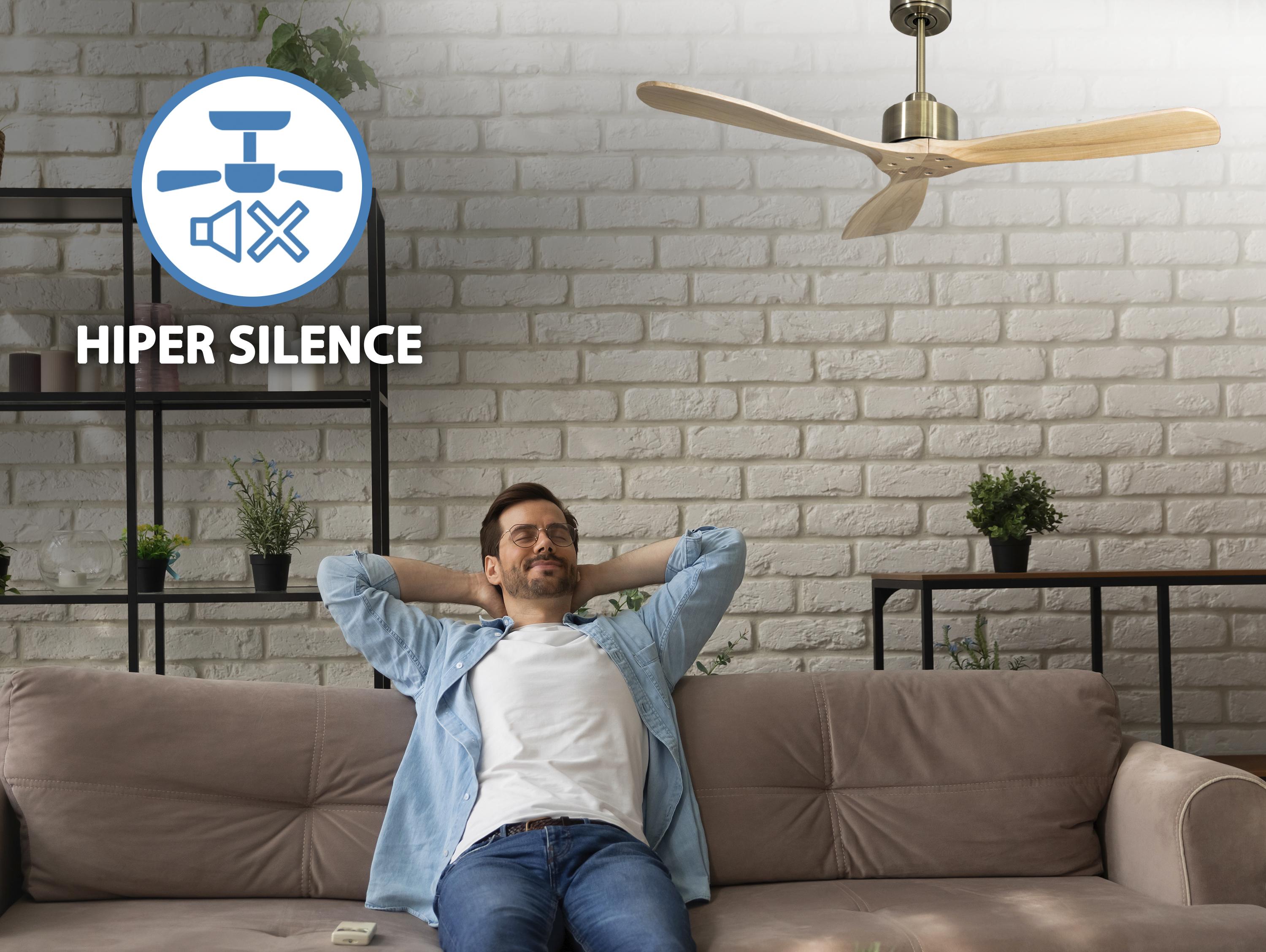 Ventilatore da soffitto Reversibile Termostato Wifi Motore CC Tetti inclinati Telecomando Hypersilence Memoria FullWood