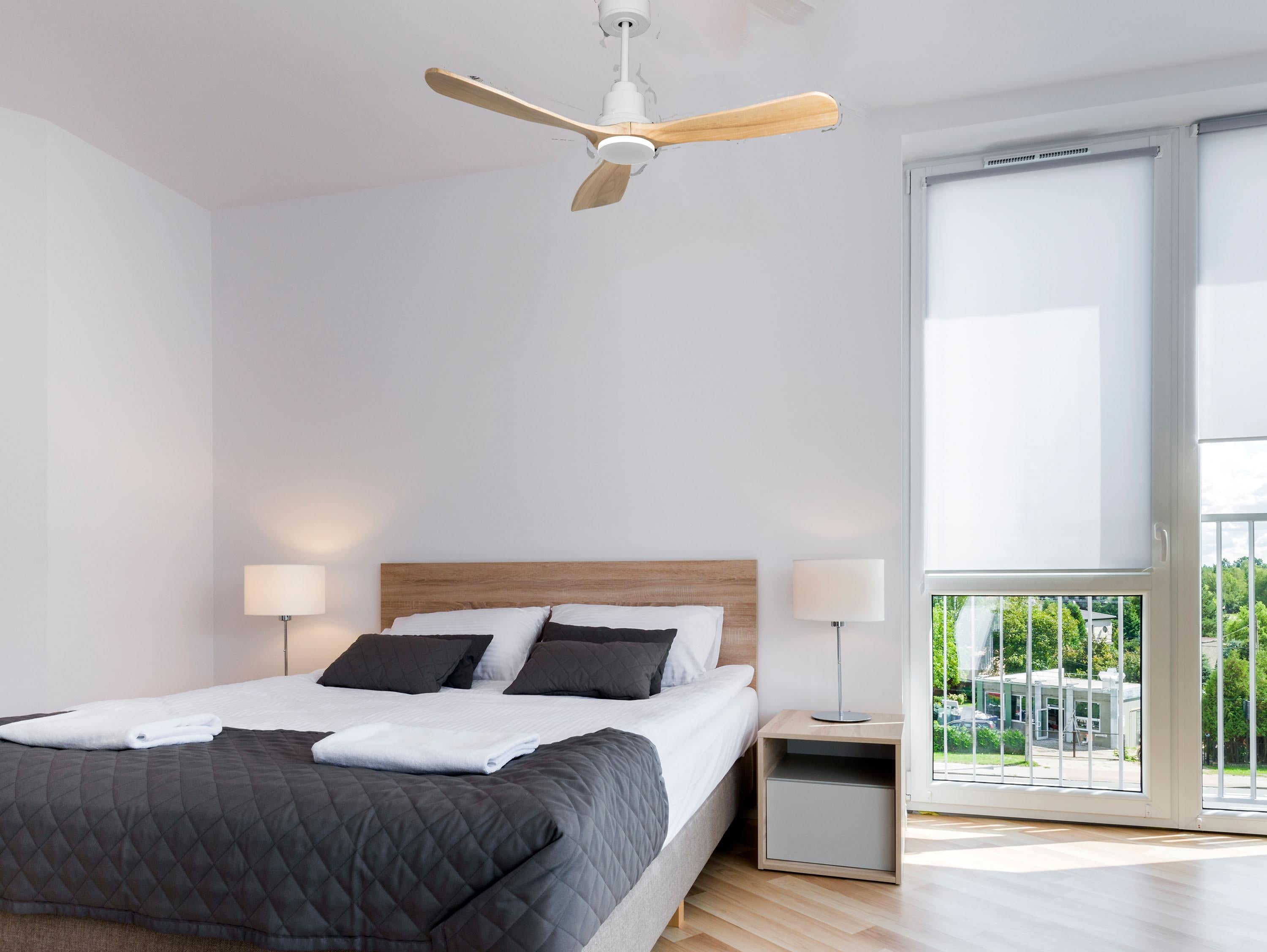 Ventilatore da soffitto Reversibile Termostato Wifi Motore CC Tetti inclinati Telecomando Hypersilence Memoria FullWood Shopify Vendible (AUTOMATICO)