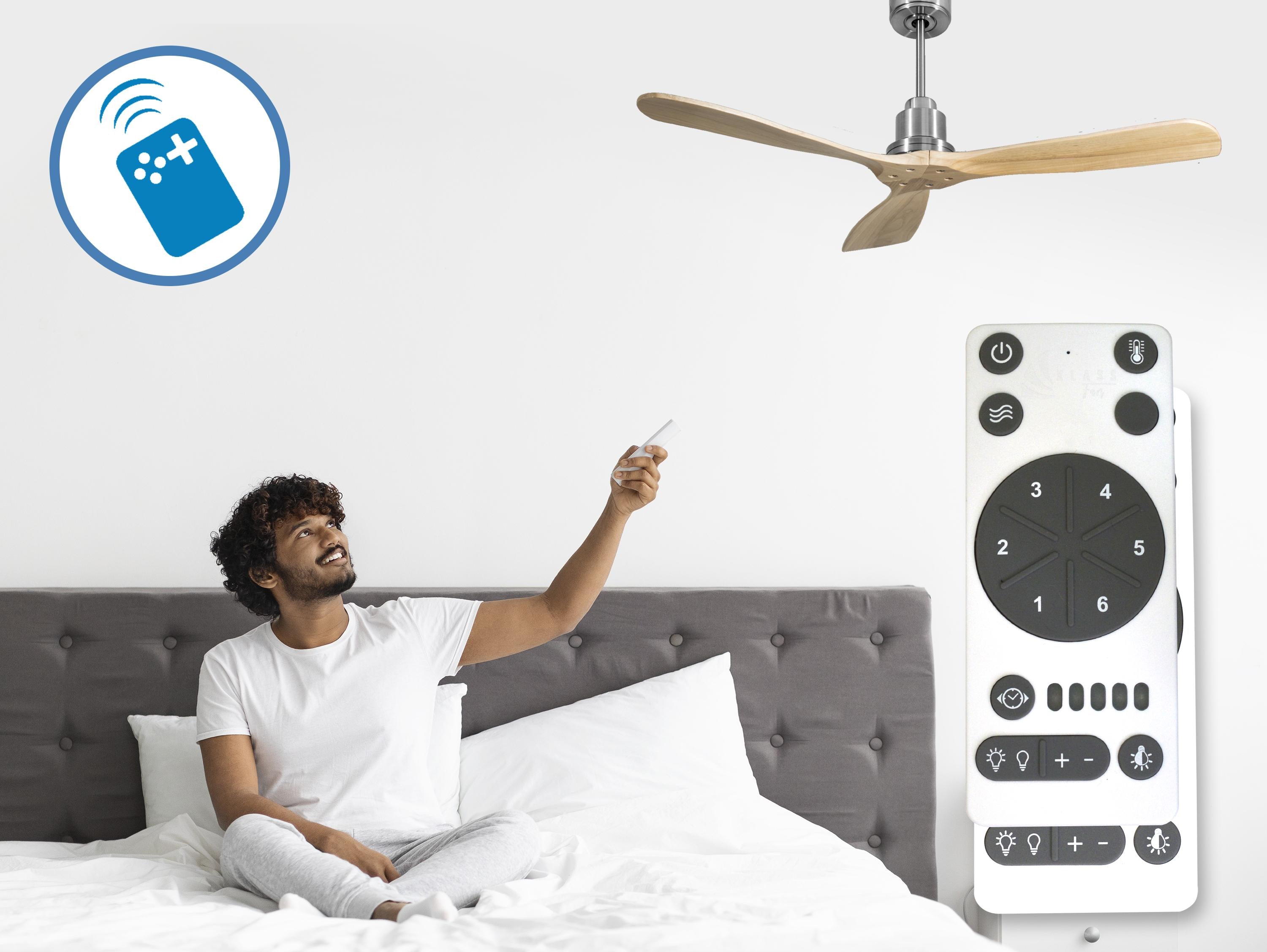 Ventilatore da soffitto Reversibile Termostato Wifi Motore CC Tetti inclinati Telecomando Hypersilence Memoria FullWood Shopify Vendible (AUTOMATICO)
