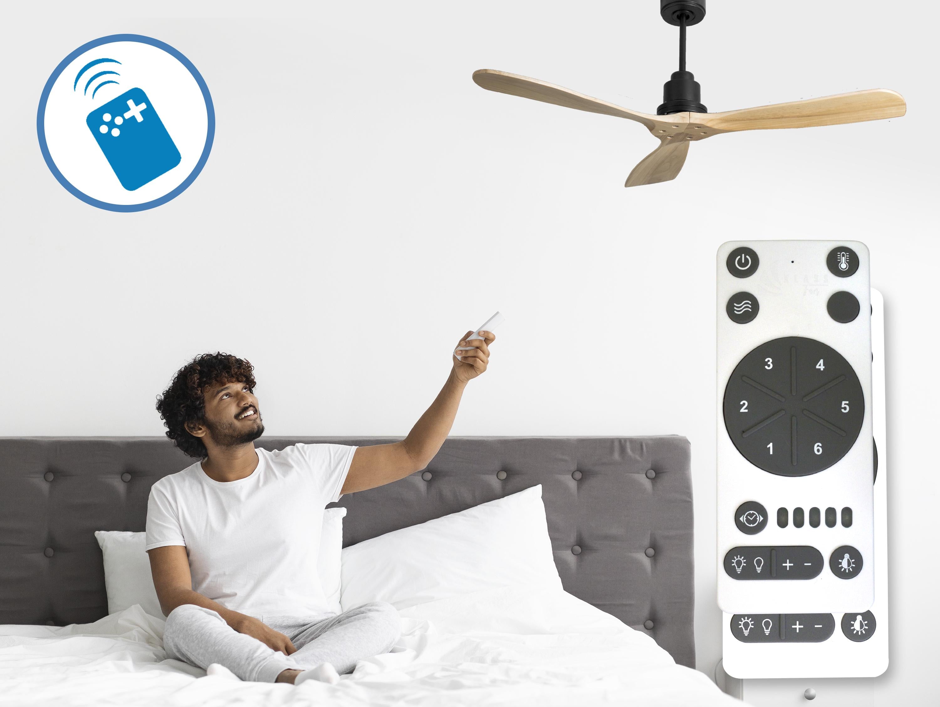 Ventilatore da soffitto Reversibile Termostato Wifi Motore CC Tetti inclinati Telecomando Hypersilence Memoria FullWood Shopify Vendible (AUTOMATICO)
