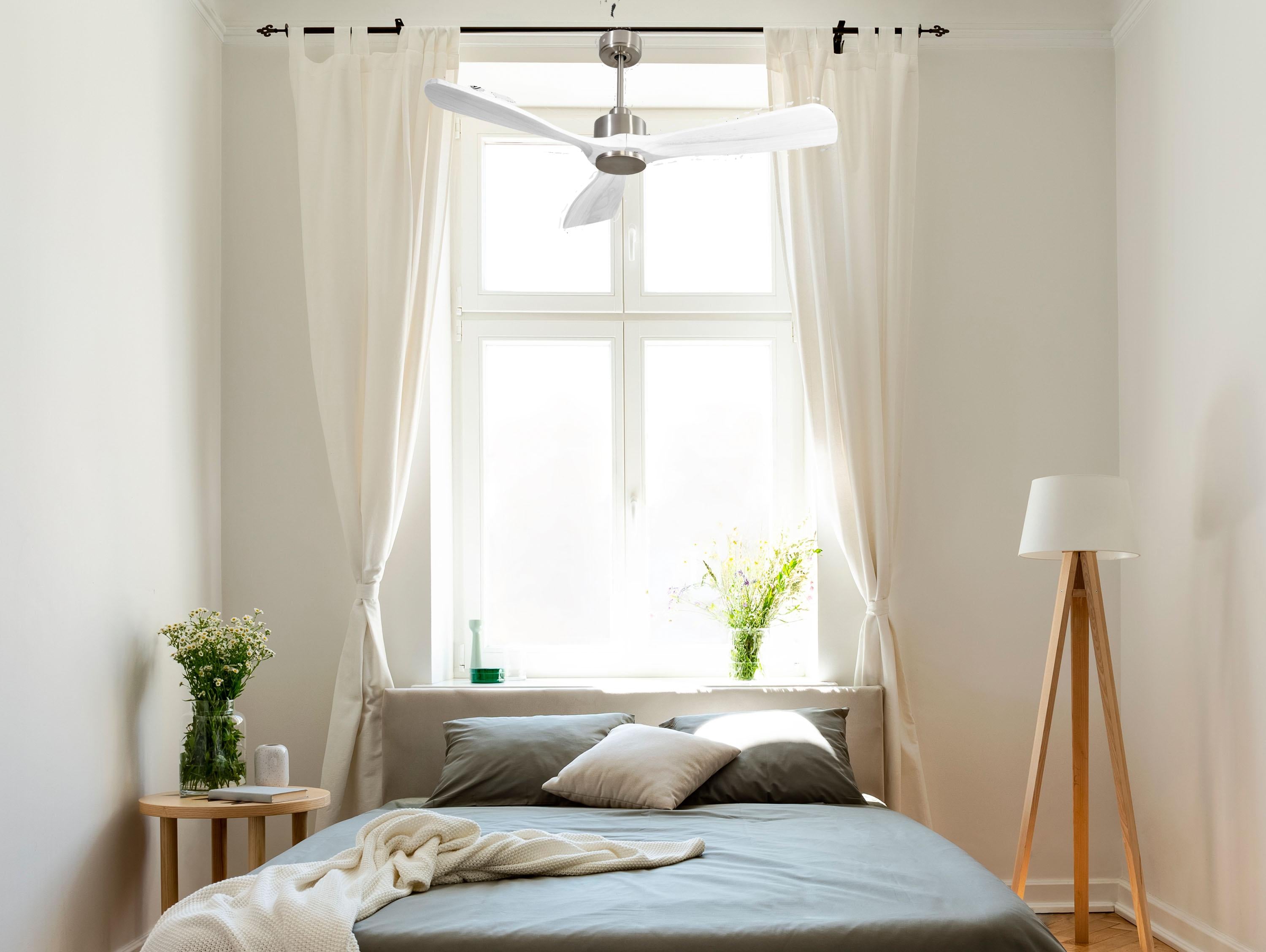 Ventilatore da soffitto Reversibile Termostato Wifi Motore CC Tetti inclinati Telecomando Hypersilence Memoria FullWood Shopify Vendible (AUTOMATICO)