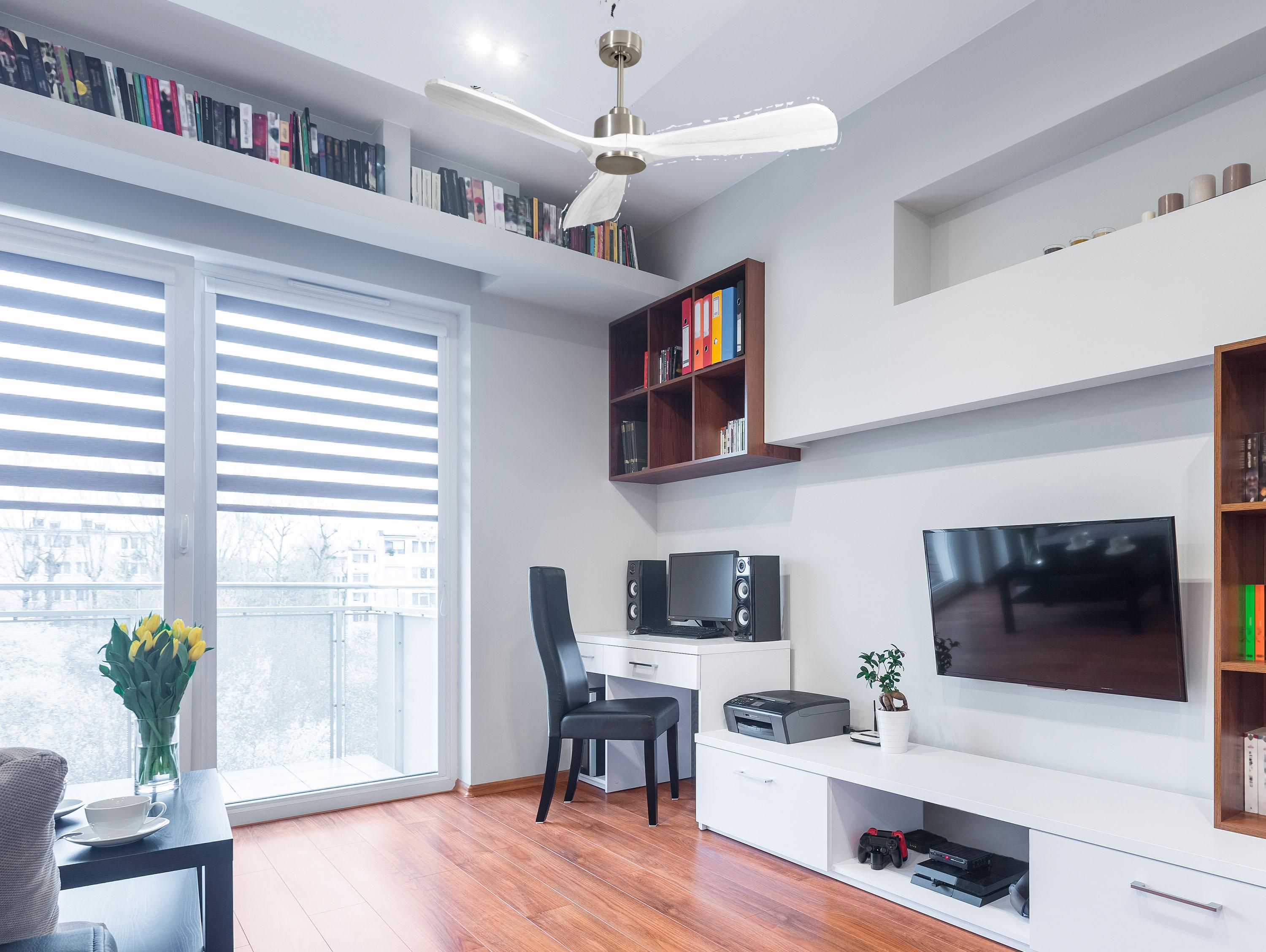 Ventilatore da soffitto Reversibile Termostato Wifi Motore CC Tetti inclinati Telecomando Hypersilence Memoria FullWood Shopify Vendible (AUTOMATICO)