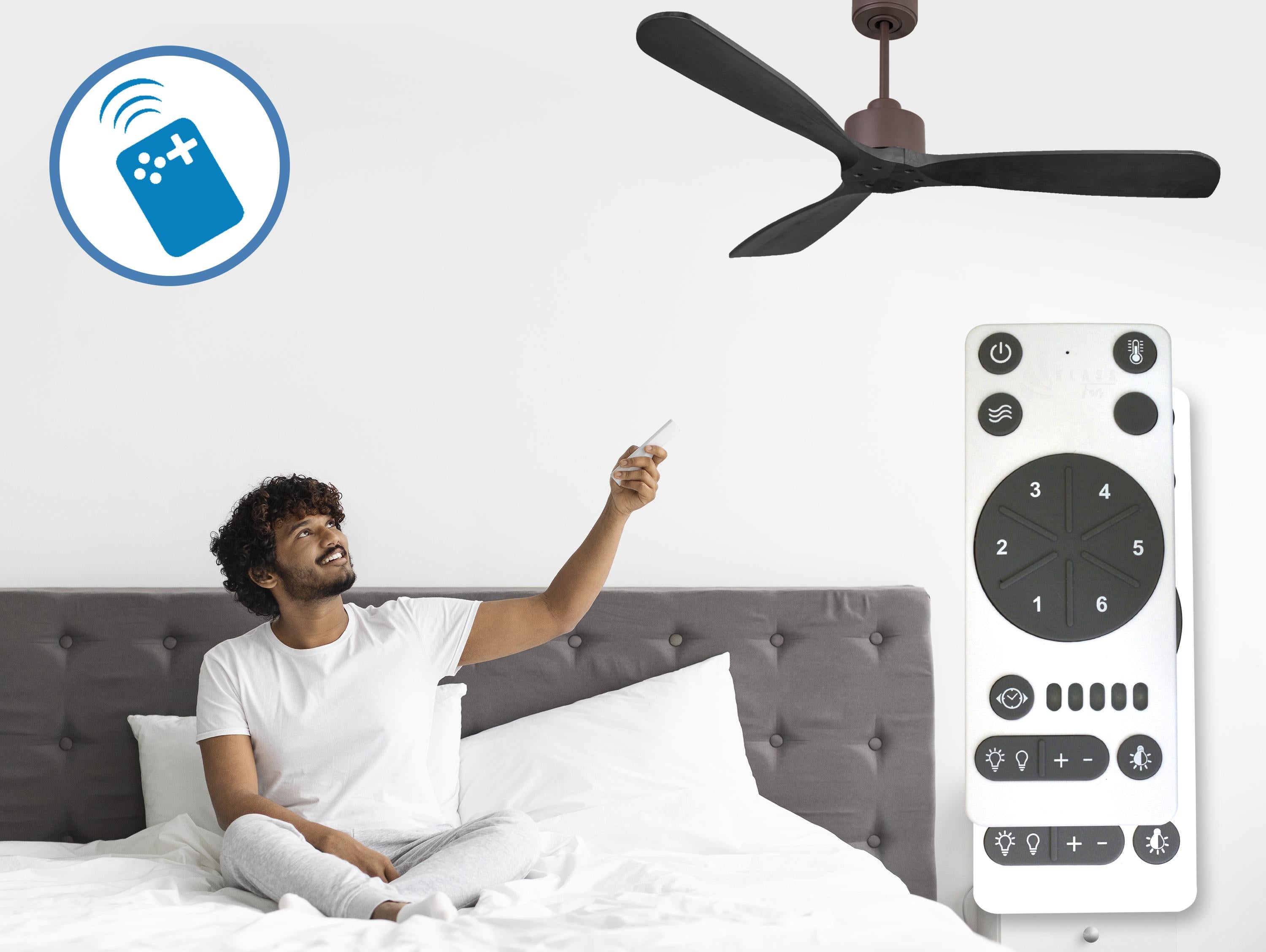 Ventilatore da soffitto Reversibile Termostato Wifi Motore CC Tetti inclinati Telecomando Hypersilence Memoria FullWood