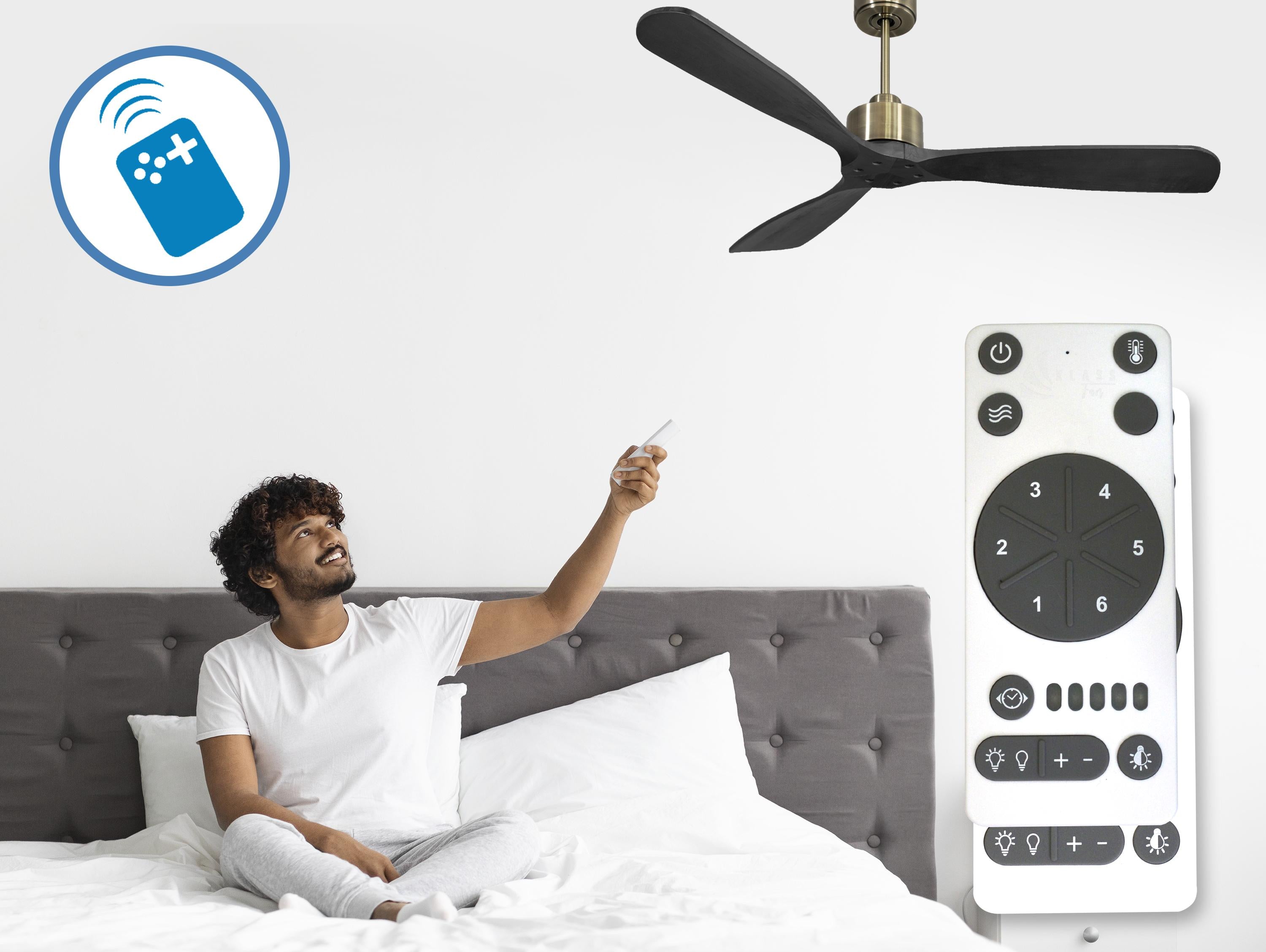Ventilatore da soffitto Reversibile Termostato Wifi Motore CC Tetti inclinati Telecomando Hypersilence Memoria FullWood