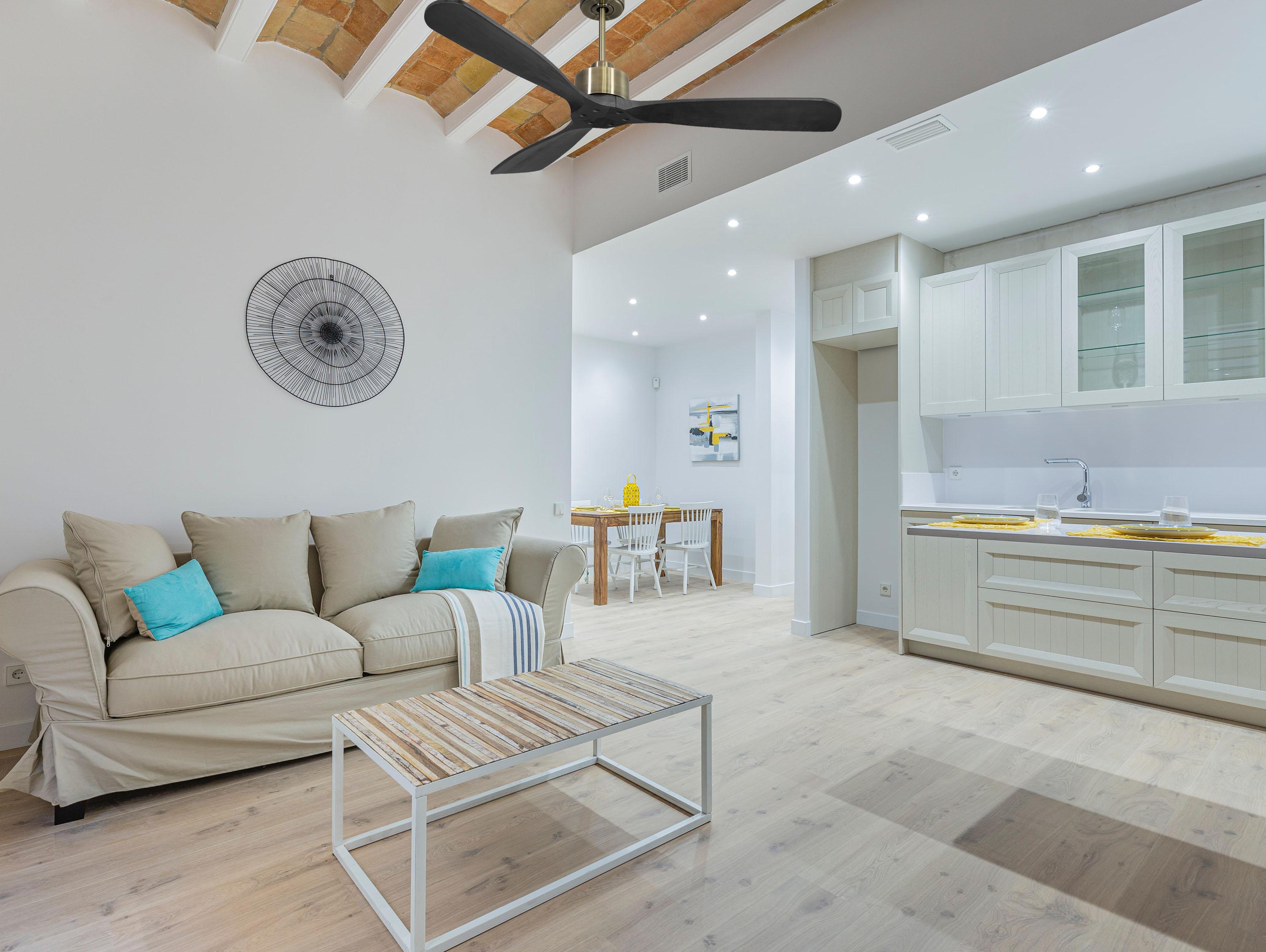 Ventilatore da soffitto Reversibile Termostato Wifi Motore CC Tetti inclinati Telecomando Hypersilence Memoria FullWood