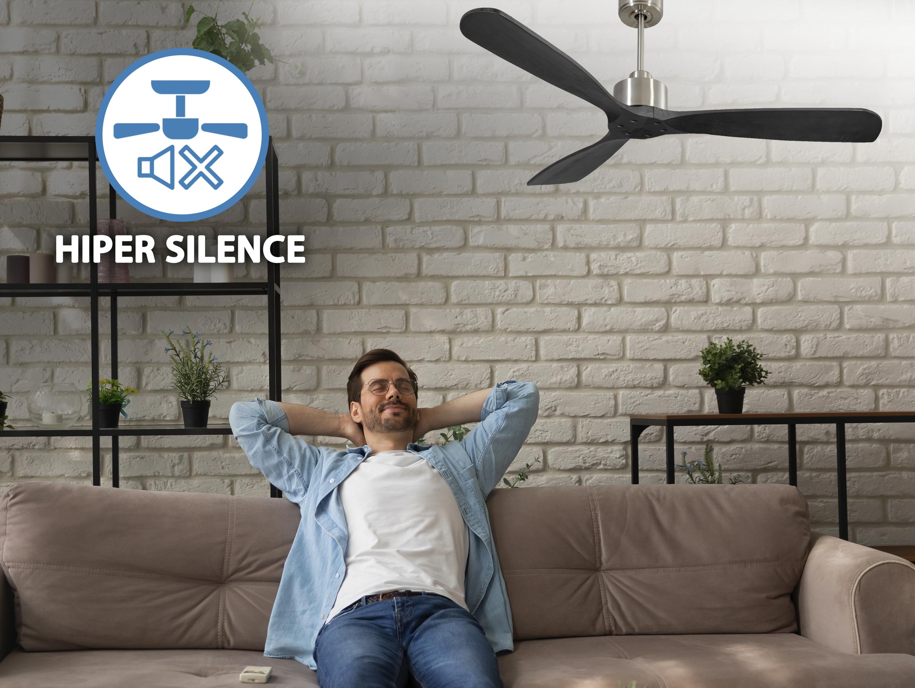 Ventilatore da soffitto Reversibile Termostato Wifi Motore CC Tetti inclinati Telecomando Hypersilence Memoria FullWood