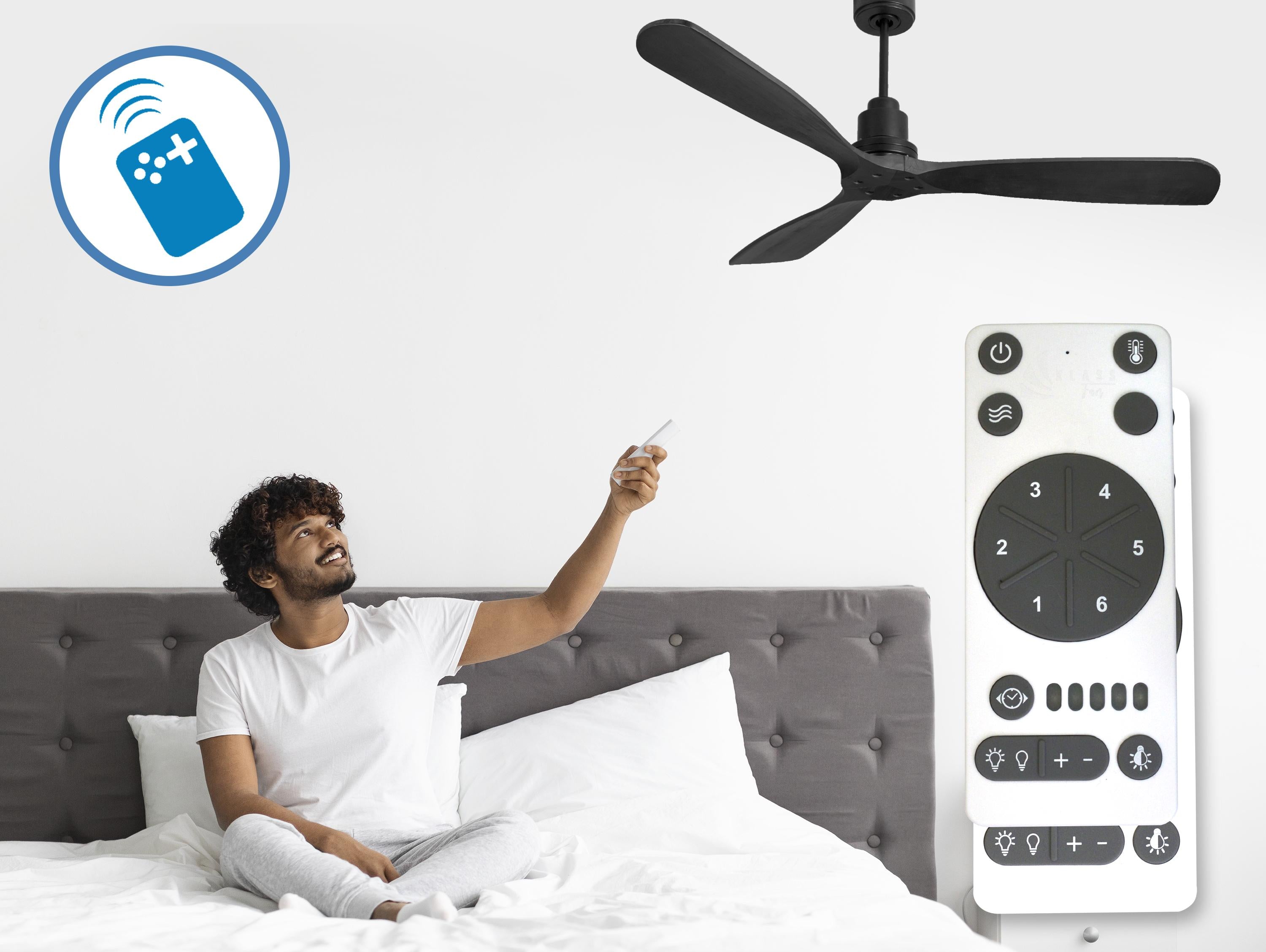Ventilatore da soffitto Reversibile Termostato Wifi Motore CC Tetti inclinati Telecomando Hypersilence Memoria FullWood