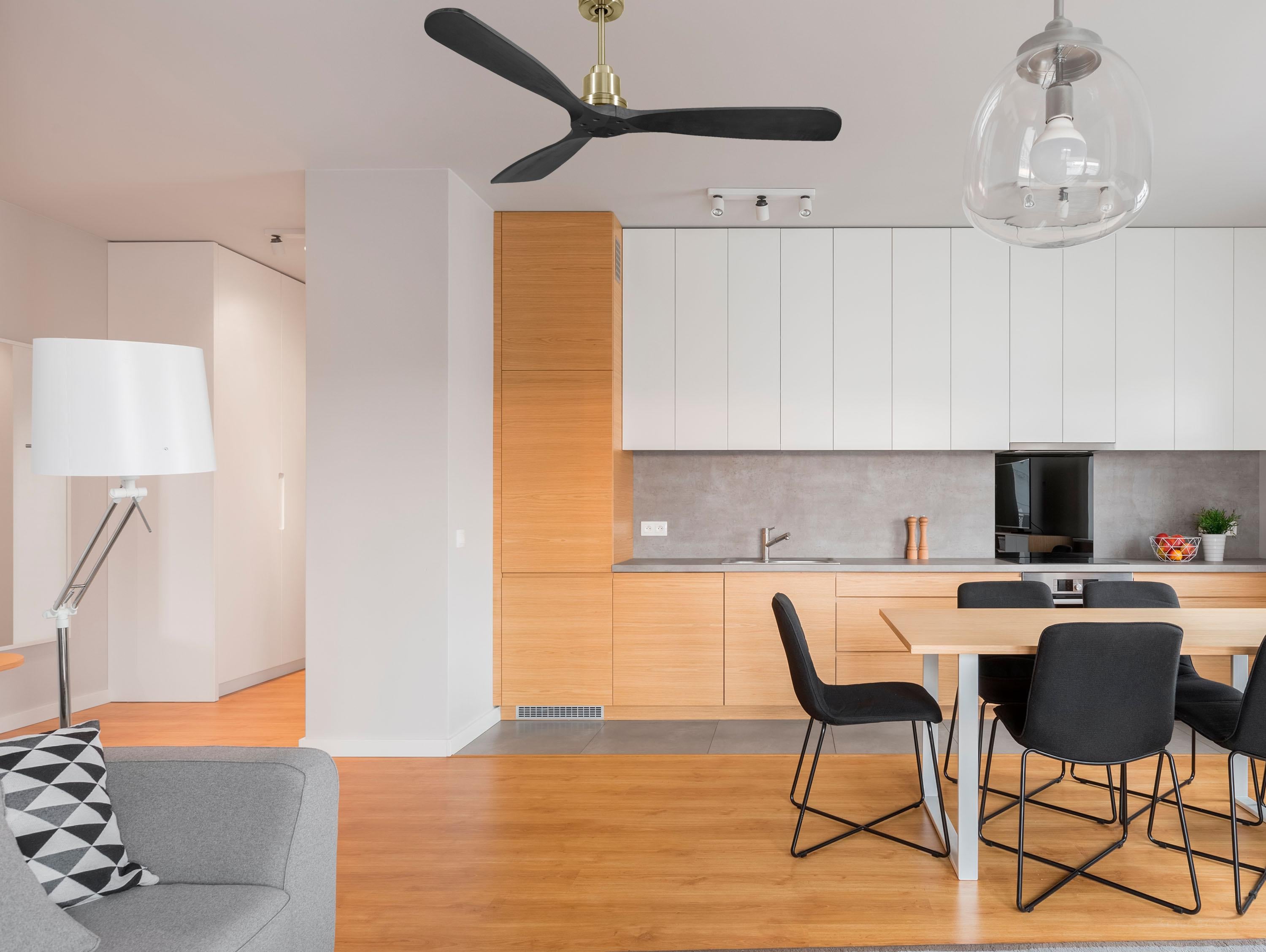 Ventilatore da soffitto Reversibile Termostato Wifi Motore CC Tetti inclinati Telecomando Hypersilence Memoria FullWood