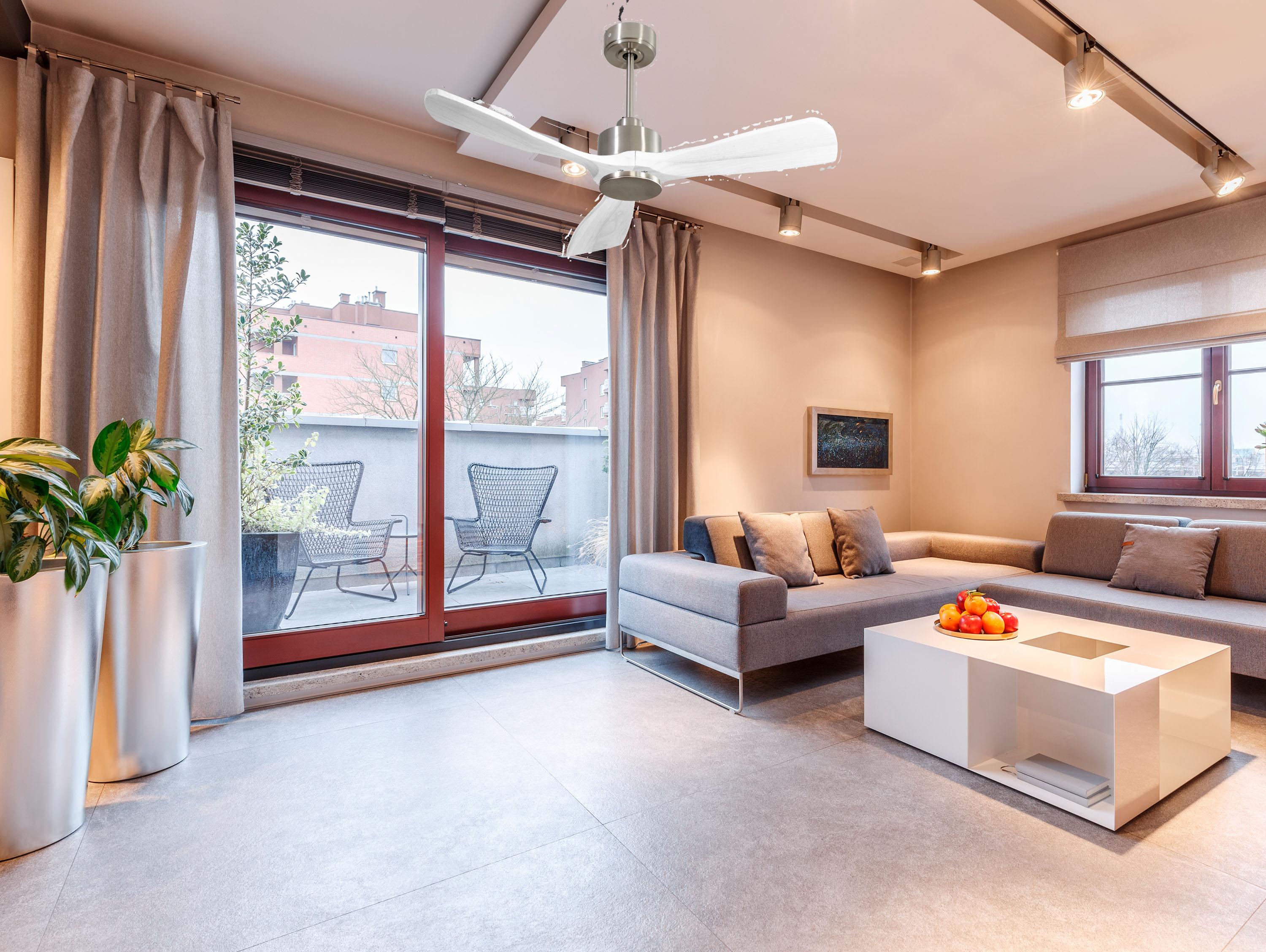 Ventilatore da soffitto Reversibile Termostato Wifi Motore CC Tetti inclinati Telecomando Hypersilence Memoria FullWood Shopify Vendible (AUTOMATICO)