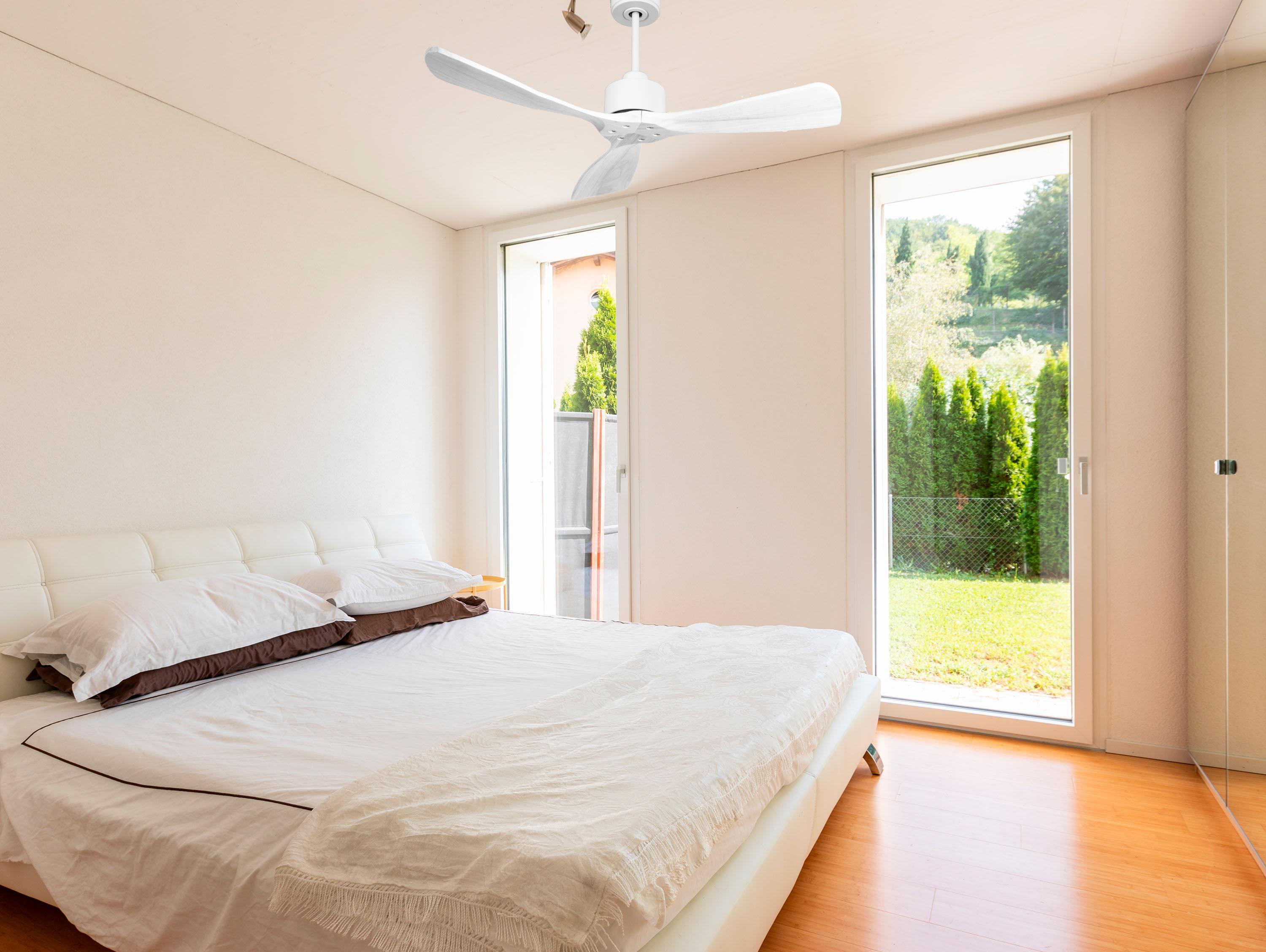 Ventilatore da soffitto Reversibile Termostato Wifi Motore CC Tetti inclinati Telecomando Hypersilence Memoria FullWood